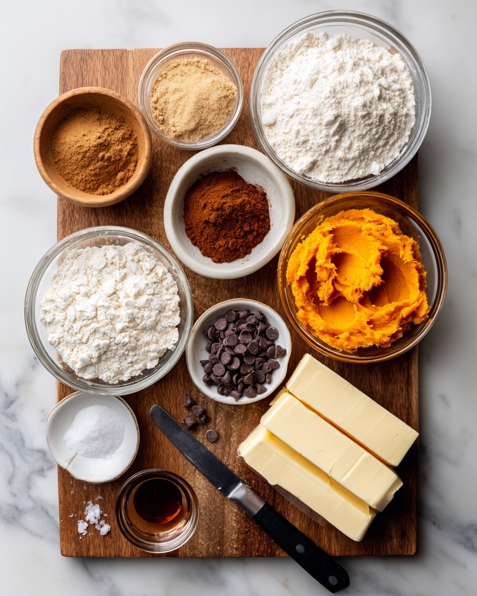A wooden cutting board sits on a white marbled surface, holding several small white bowls and clear glass bowls with baking ingredients. In the center, a clear bowl with white all-purpose flour shows a soft powder texture. To the right, a white bowl contains bright orange pumpkin puree with a smooth texture. Below it, a small clear bowl holds brown pumpkin spice powder. On the left side, a white bowl contains light brown, slightly clumped brown sugar, with a small white bowl of granular white salt above it. A small dish with dark chocolate chips is near the center bottom, with some chips spilled on the board. Two sticks of pale yellow butter, partially unwrapped, rest at the bottom right, beside a black-handled butter knife on the marble surface next to a small glass bowl of white baking powder. A tiny white bowl with dark brown vanilla extract is near the bottom left. Photo taken with an iphone --ar 4:5 --v 7