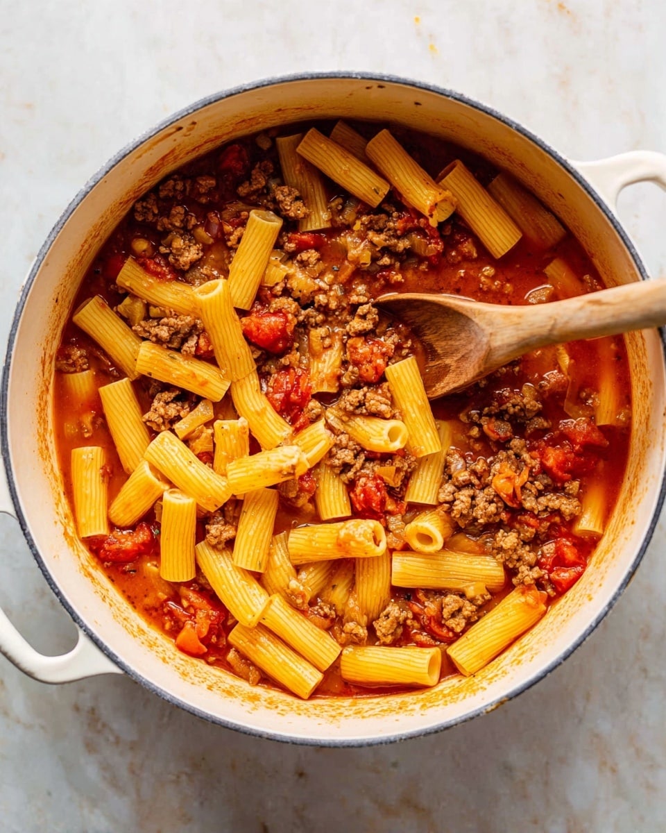 The image shows a white pot filled with a pasta dish on a white marbled surface. Inside, there are three clear layers: the bottom layer is a rich red tomato sauce, the middle layer contains chunks of cooked brown ground meat mixed with small pieces of red tomatoes, and the top layer is yellow rigatoni pasta tubes scattered evenly. A wooden spoon is partially immersed in the pot, with the spoon scoop under some pasta and meat. photo taken with an iphone --ar 4:5 --v 7