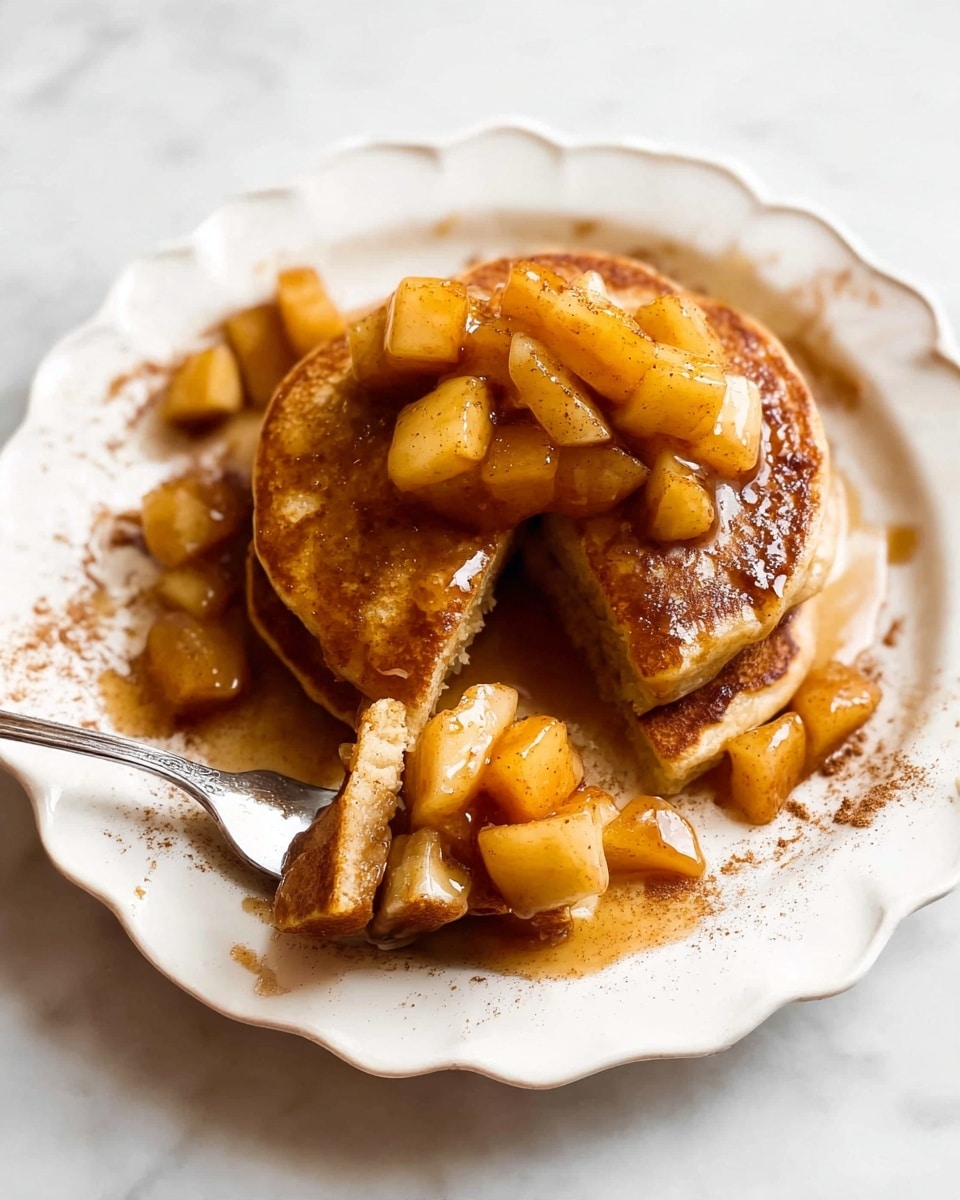 On a white scalloped plate, there are three thick pancakes stacked and slightly overlapping, each pancake golden brown with a soft texture. On top and around the pancakes sit small, evenly cut, warm apple chunks coated in a shiny, caramel-colored sauce with a cinnamon dusting spread across the edges of the plate. A silver fork is holding one pancake piece with a few apple cubes resting on it. The plate is set on a white marbled surface. Photo taken with an iphone --ar 4:5 --v 7
