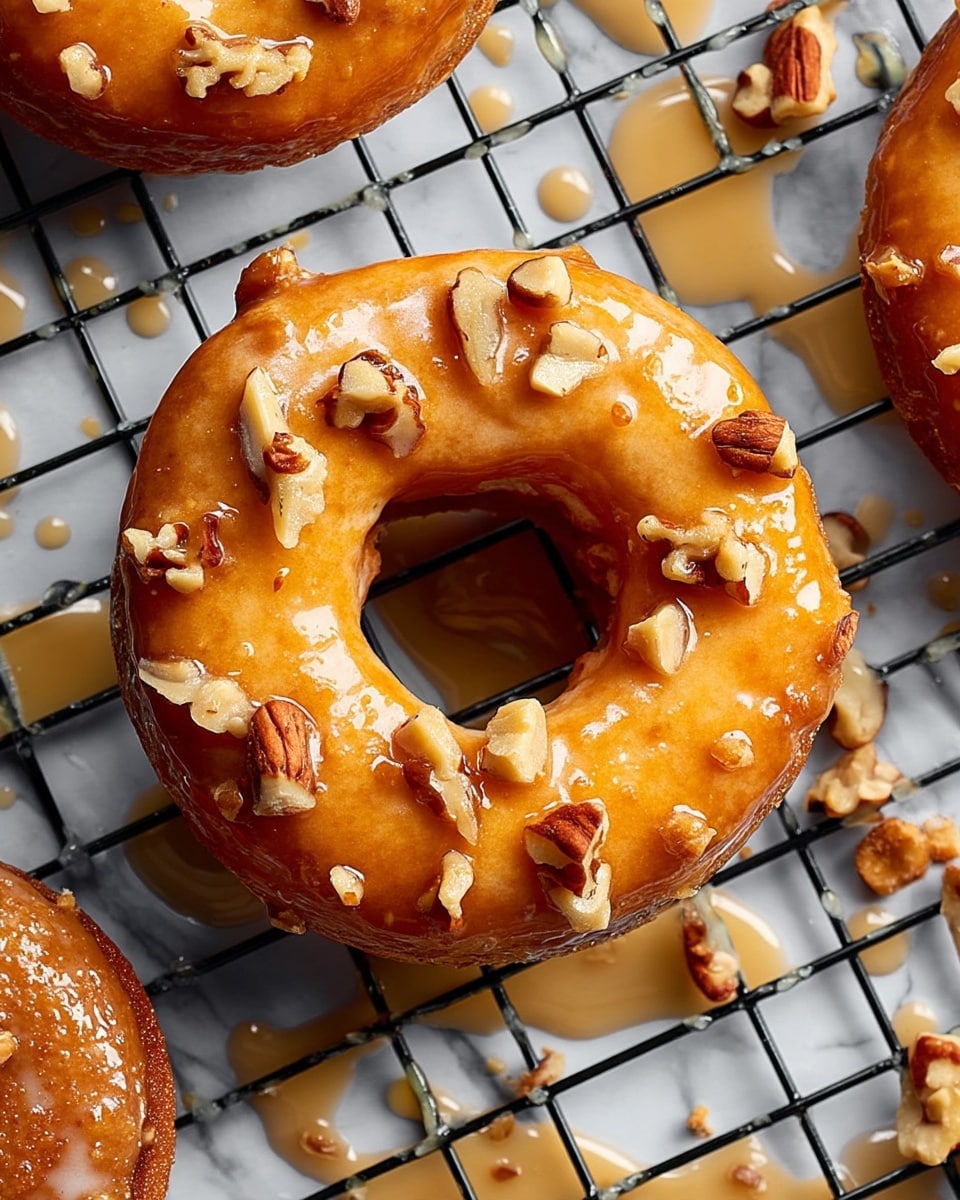 The image shows one round donut with a golden brown color and a shiny glaze coating all over it. There are small chunks of light brown nuts scattered unevenly on top of the donut. The donut is placed on a black cooling rack with a white marbled surface underneath. On the surface are drops and small puddles of light caramel-colored glaze, along with more nut pieces spread around. The photo taken with an iphone --ar 4:5 --v 7