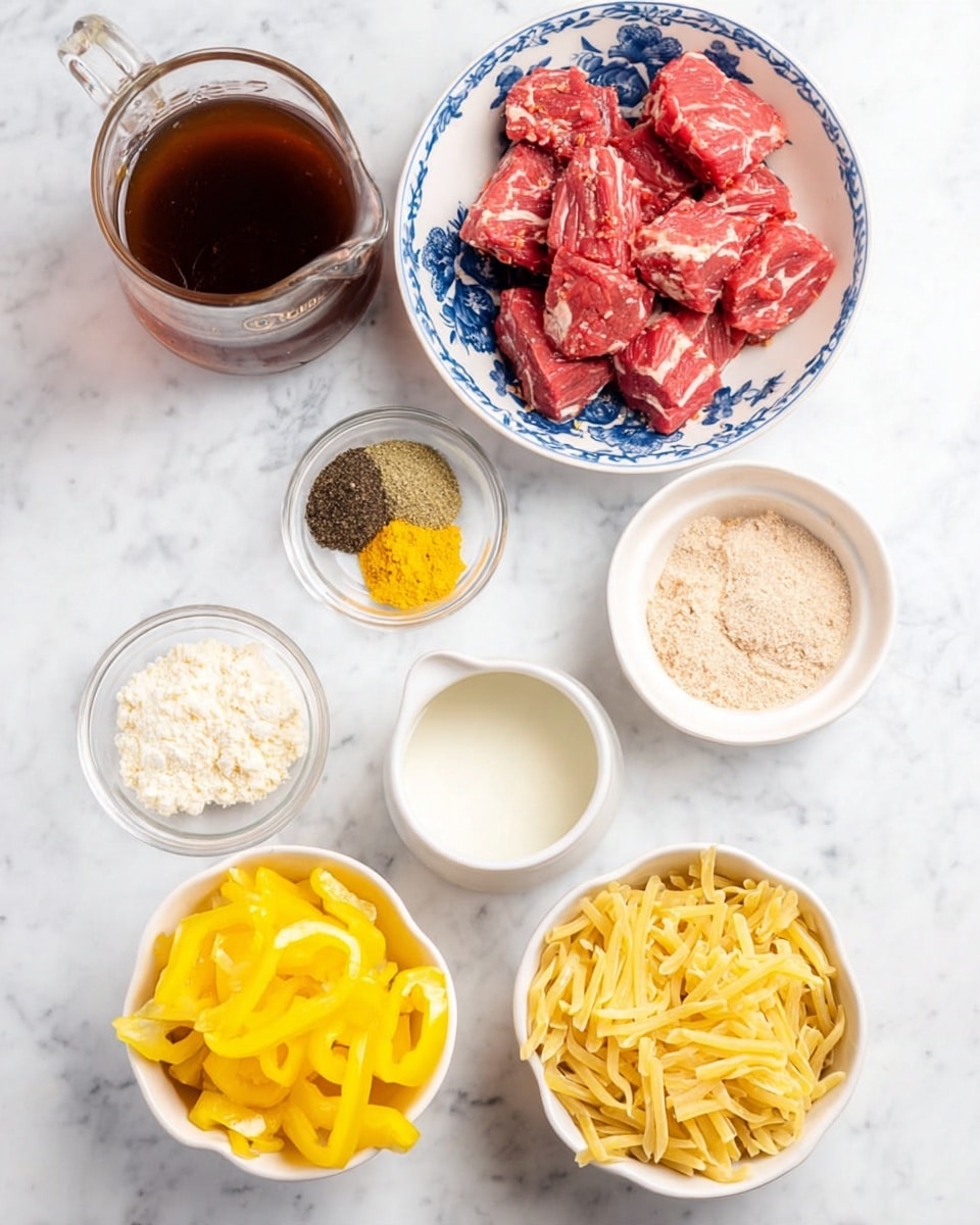 The image shows a white marbled surface with eight clear or white containers holding different ingredients. At the top left, there is a clear glass pitcher filled with dark brown liquid. To the right, a white bowl with blue floral patterns holds chunks of raw red meat with white marbling. Below the pitcher, a small clear bowl contains a light-colored flour or powder. To the right of it, a small white dish holds a mix of yellow and black powders. Below these, a small white bowl is filled with bright yellow sliced peppers. Next to it, a white ramekin is filled with a white liquid. Beside the ramekin, there is a pile of uncooked yellow pasta noodles. At the bottom right corner, a clear bowl contains a light brown powder. The whole setup is neat and well arranged. photo taken with an iphone --ar 4:5 --v 7