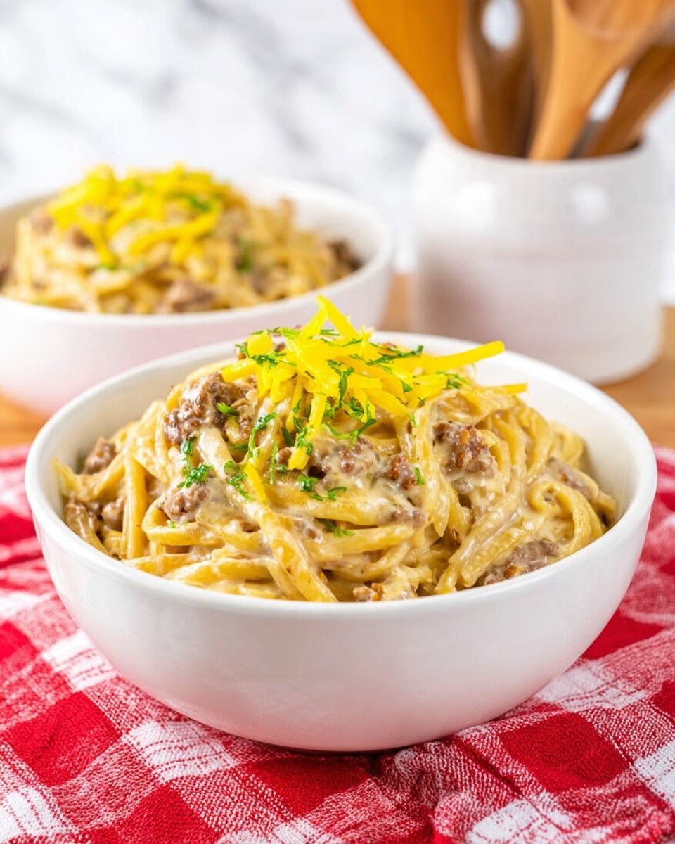 A white bowl is filled with creamy pasta mixed with small pieces of brown meat and topped with thin, bright yellow pepper slices and small green herb flakes for garnish. The bowl sits on a red and white checked cloth on a smooth white marbled surface. Behind the bowl, there is a white ceramic container holding wooden utensils, adding a warm and homey touch. Another similar bowl of pasta is slightly out of focus in the background, giving depth to the image. photo taken with an iphone --ar 4:5 --v 7
