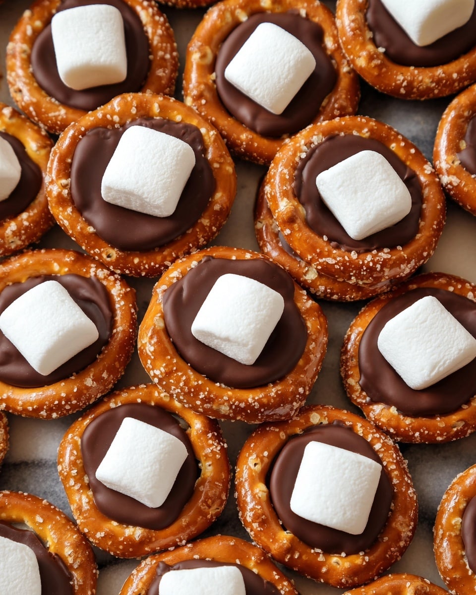 A close-up view of many small snacks arranged tightly together. Each snack has three parts: a round, light brown pretzel base with a salt-speckled texture, a smooth, dark brown chocolate layer on top of the pretzel, and a white square marshmallow placed in the center on top of the chocolate. The snacks create a repeating pattern, and the background is changed to a white marbled surface. The image is sharp and bright with a shallow focus. photo taken with an iphone --ar 4:5 --v 7