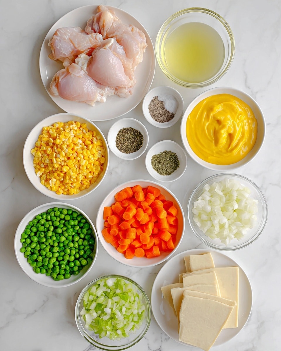The image shows a top view of various ingredients arranged neatly in white bowls and plates on a white marbled surface. At the top left, there are four raw, pale pink chicken pieces on a white plate. To their right is a transparent glass bowl filled with light yellow liquid. Below the chicken, on the left side, there is a white bowl filled with bright yellow corn kernels and next to it, a small white bowl with three spices: salt, black pepper, and a green herb. To the right, a white bowl contains thick, smooth yellow cheese sauce. Below the corn, a transparent bowl holds diced orange carrots, while a white bowl next to it contains finely chopped white onions. To the right of the onions is a transparent glass bowl filled with chopped green celery. At the bottom left, a white bowl is filled with green peas, and to the right, a white plate holds several thick pieces of pale beige dough or pastry stacked neatly. All items are brightly colored and fresh, captured clearly with natural light. photo taken with an iphone --ar 4:5 --v 7