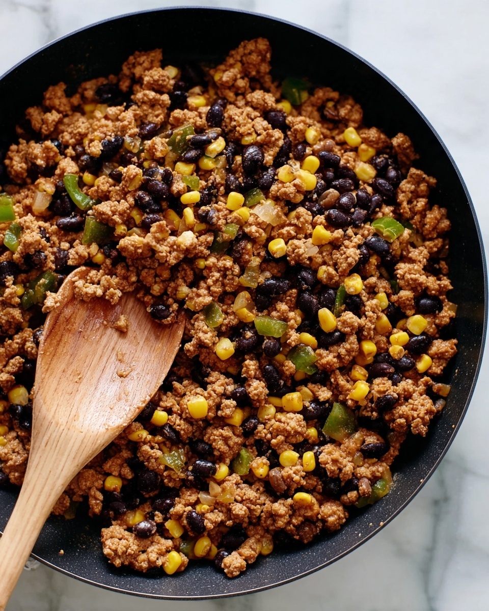 The image shows a close-up of a black pan filled with a cooked mix of browned ground meat, black beans, sweet yellow corn, and small pieces of translucent cooked onion and green pepper, all evenly mixed. A wooden spoon rests on the left side of the pan, with some of the mixture on it. The pan sits on a white marbled surface. The colors show a mix of golden brown, black, yellow, green, and light brown. photo taken with an iphone --ar 4:5 --v 7