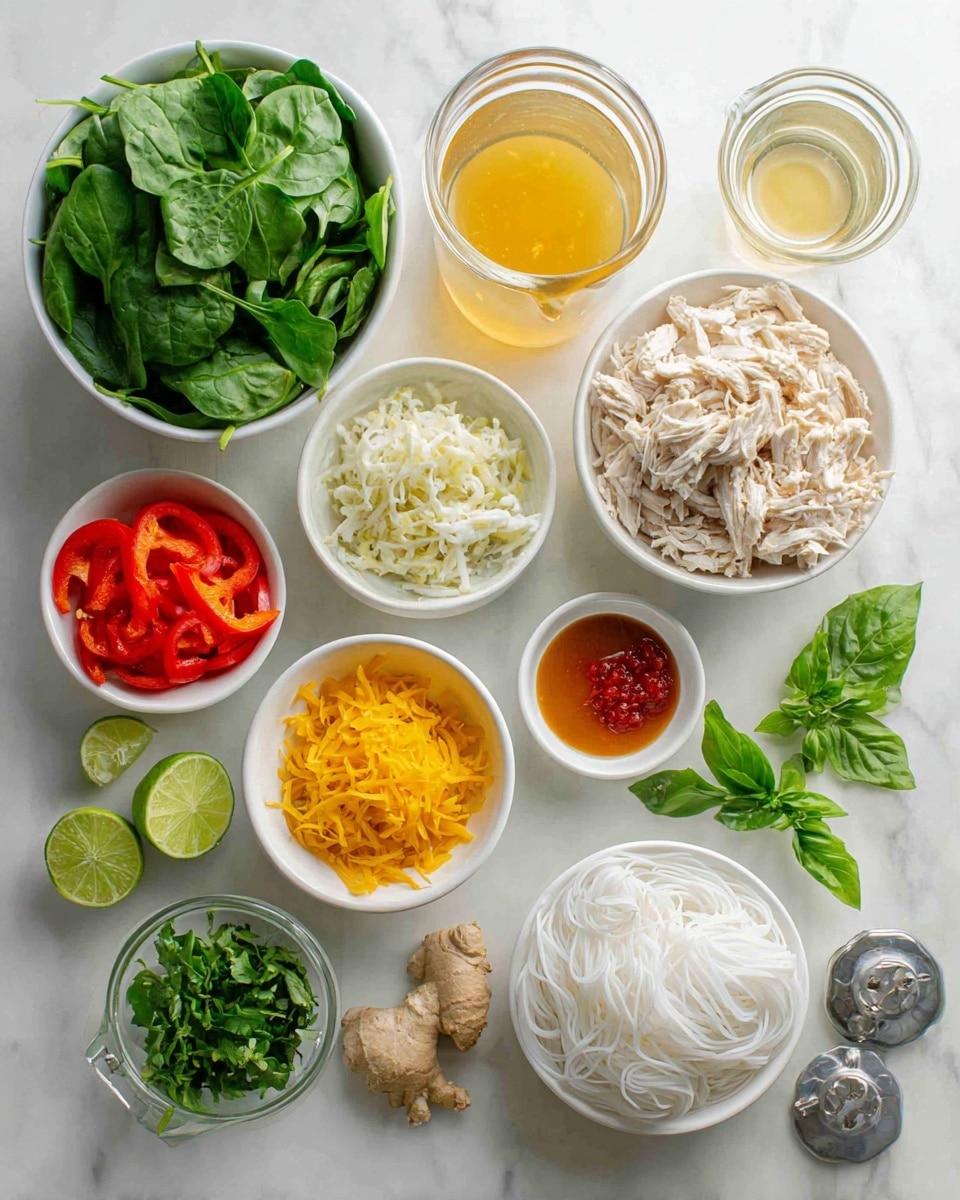 The image shows a flat lay of various ingredients arranged neatly on a white marbled surface. There are eleven small bowls and containers, each holding a different ingredient: bright green fresh baby spinach leaves piled high in a white bowl at the top left, shredded cooked chicken light beige in color in the center white bowl, finely chopped yellow onion white and sitting in a white bowl to the bottom left, bright red sliced bell peppers in a small white bowl just above the onions, a small white bowl with fresh green cilantro and basil next to shredded chicken, a small white bowl with bright yellow grated fresh ginger, a small white bowl with finely chopped golden brown garlic, and a small white bowl holding vivid red curry paste. Next to these are clear glass containers: one with golden olive oil at the top center, a small measuring jug with white coconut milk beneath the shredded chicken, a larger measuring jug with pale orange chicken broth to the bottom left, and white rice noodles arranged in a small white bowl on the right side. Fresh lime halves and green basil leaves decorate the arrangement. A silver lime squeezer and small pieces of fresh ginger root are also visible. The whole setup is bright and colorful with natural lighting, photo taken with an iphone --ar 4:5 --v 7