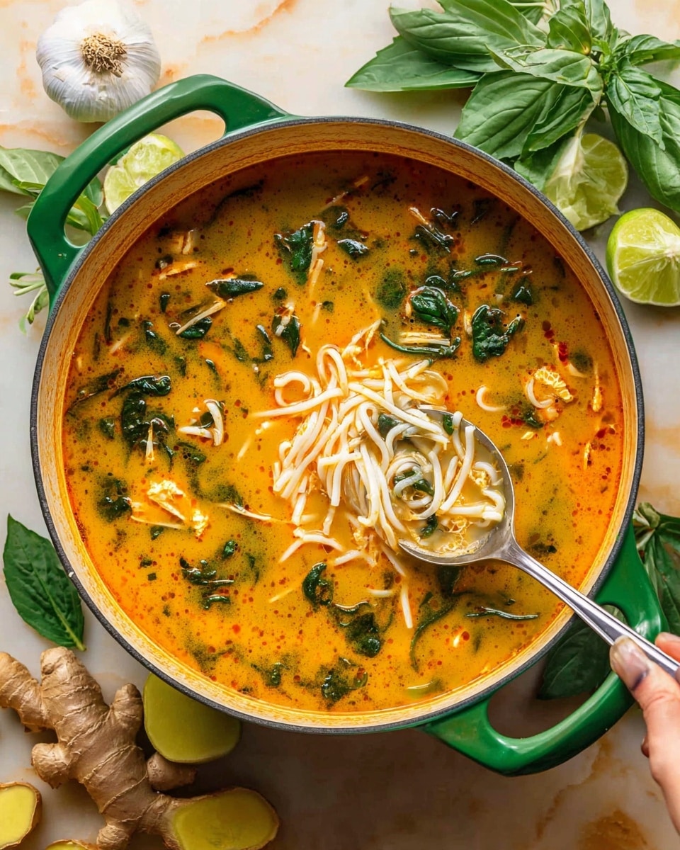 A bright orange soup is shown in a large green-handled pot sitting on a white marbled surface. The soup has visible green leafy spinach floating on the top and light cream streaks mixing in. A woman's hand holds a silver spoon scooping a mix of white noodles and green spinach from the soup. Around the pot, there are slices of fresh ginger, a whole white garlic bulb, fresh green basil leaves, and halved limes adding natural colors. The soup looks rich and full of fresh ingredients, with a mix of warm orange and vibrant green colors. photo taken with an iphone --ar 4:5 --v 7