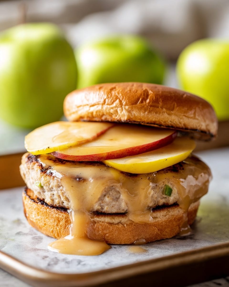 A sandwich on a toasted brown bun set on a white marbled tray. The bottom bun holds a light brown grilled patty, topped with bright yellow melted cheddar cheese that drips down. Above the cheese are two thin slices of yellow and reddish apple. Creamy pale beige sauce covers the apple slices and drips over the sides. The top bun is slightly tilted, showing all the layers. A spoon with some pale beige sauce sits nearby on the tray. In the background are three green apples slightly out of focus. photo taken with an iphone --ar 4:5 --v 7