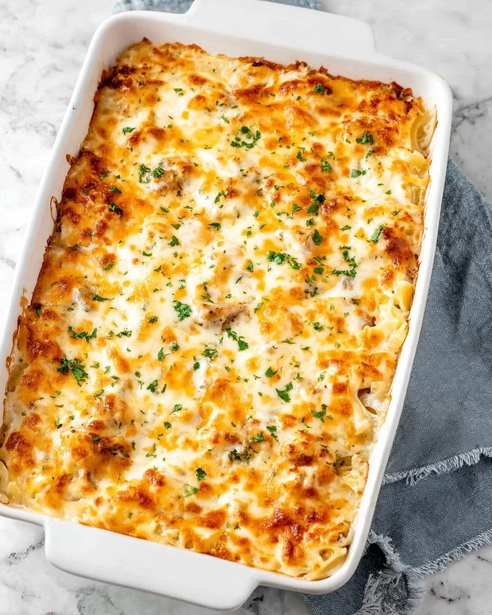 A white rectangular baking dish filled with a creamy baked casserole, showing two main layers; the bottom layer is a light, soft mixture with tender pieces that look like cooked pasta or small chunks of meat, covered fully by a thick top layer of melted cheese with shades of white and light orange, slightly bubbly and smooth in texture. Small green herbs, likely parsley, are lightly sprinkled over the cheese, adding tiny specks of color throughout. The dish is set on a white marbled surface next to a folded gray cloth napkin. Photo taken with an iphone --ar 4:5 --v 7