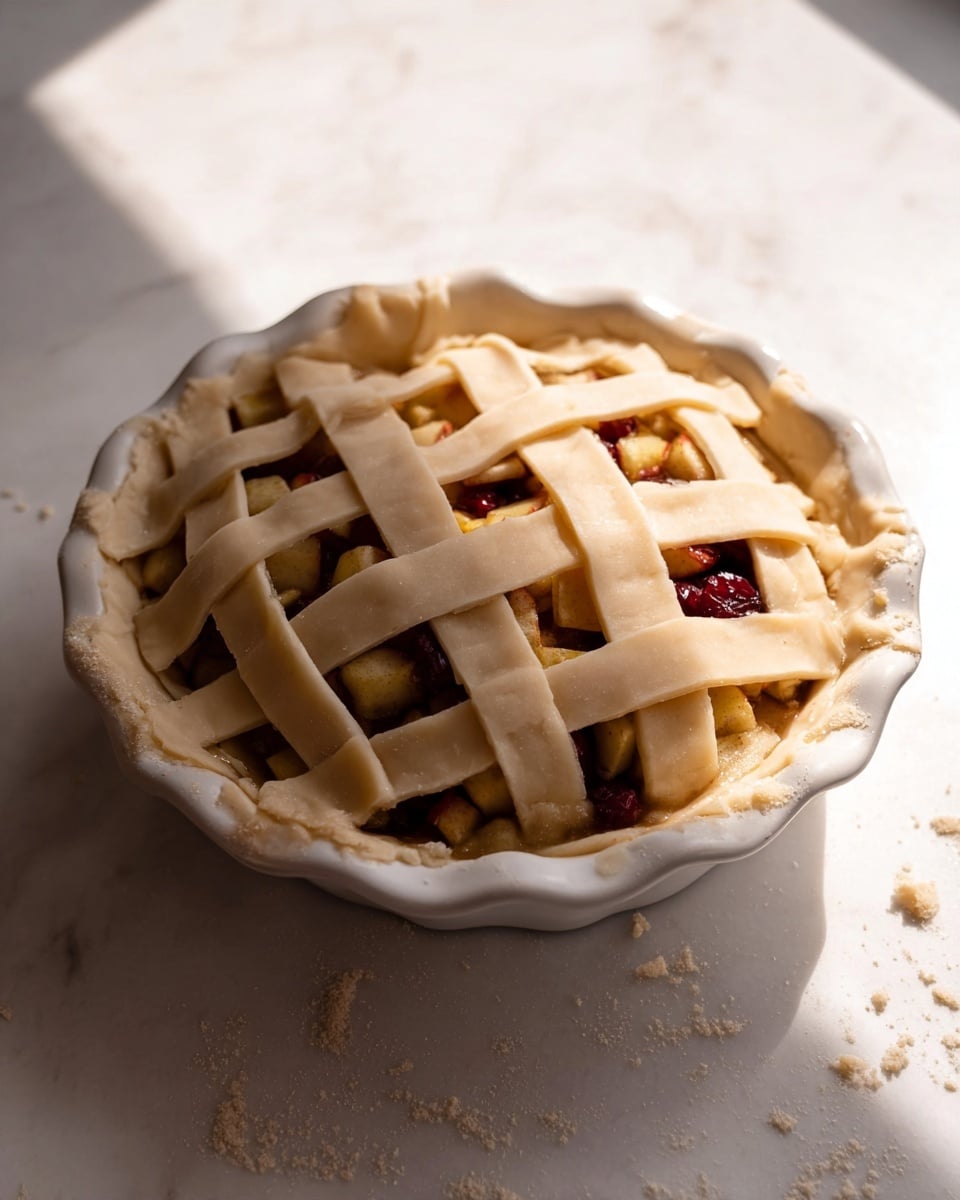 A round pie with a light beige lattice crust made of wide dough strips crisscrossing on top, showing a filling of small chunks of light yellow apples mixed with deep red cranberries beneath the crust. The pie is in a white ceramic dish with fluted edges, placed on a white marbled surface with some scattered crumbs around. Harsh sunlight casts shadows over part of the pie. Photo taken with an iphone --ar 4:5 --v 7