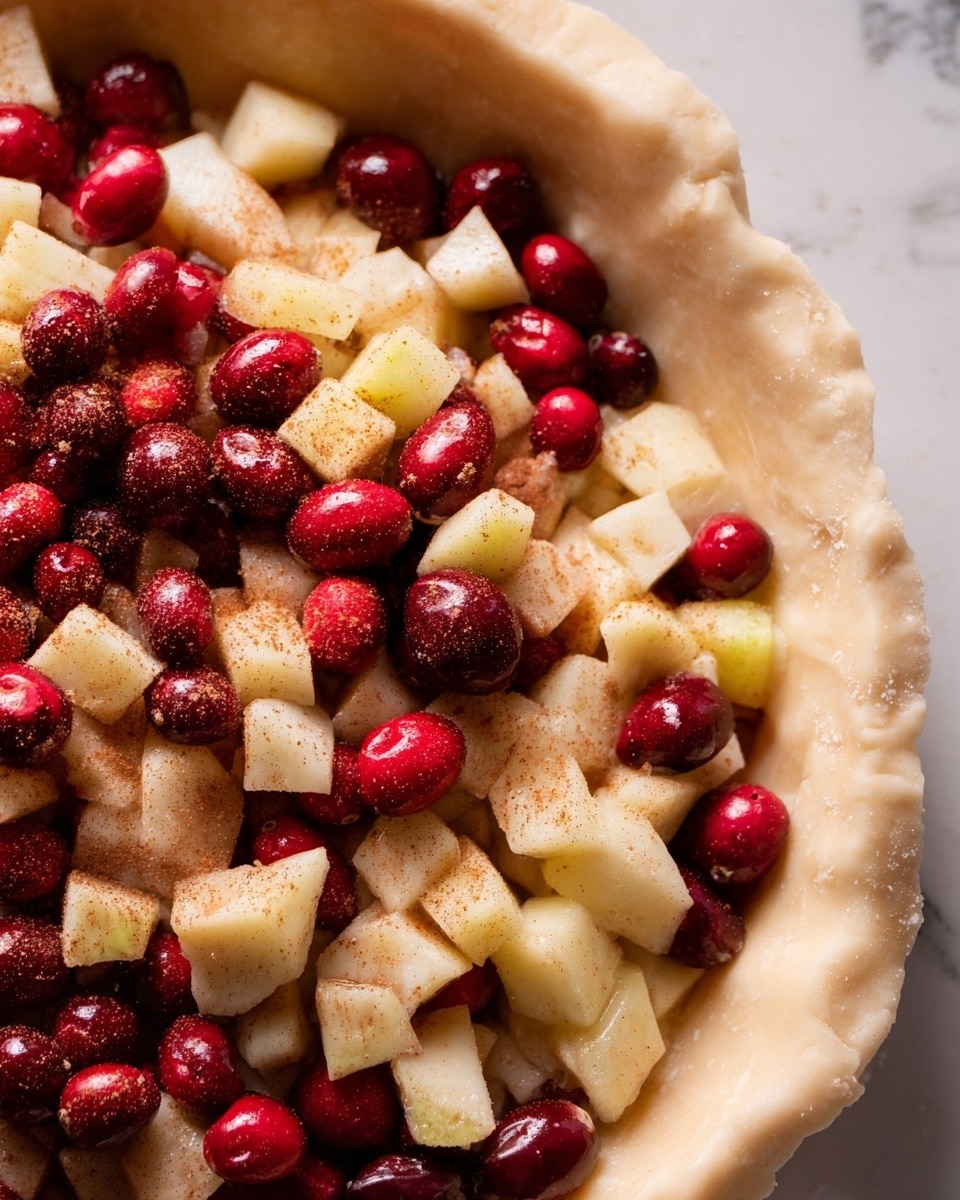 A close-up view of a pie crust filled with three layers of ingredients: the bottom layer is a slightly thick, beige dough forming the shell with rough edges on the right; the second layer consists of small pale yellow apple pieces with a soft texture, scattered evenly throughout; the top layer has bright red, round cranberries mixed with the apple pieces, all dusted lightly with a fine sprinkle of brown cinnamon powder. The pie rests on a white marbled surface. photo taken with an iphone --ar 4:5 --v 7