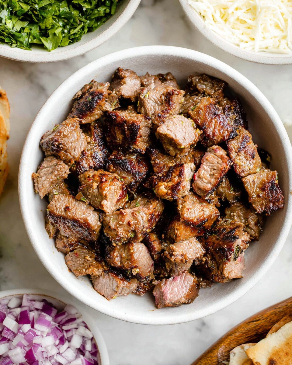 A white bowl filled with many small pieces of grilled meat, each piece showing a mix of brown with grill marks and some pinkish tones inside, giving a juicy look. The bowl sits on a white marbled surface, surrounded by parts of other white bowls with chopped green herbs, white shredded cheese, and chopped red onions. The grilled meat pieces have a rough and juicy texture that looks soft inside and slightly charred outside. Photo taken with an iphone --ar 4:5 --v 7