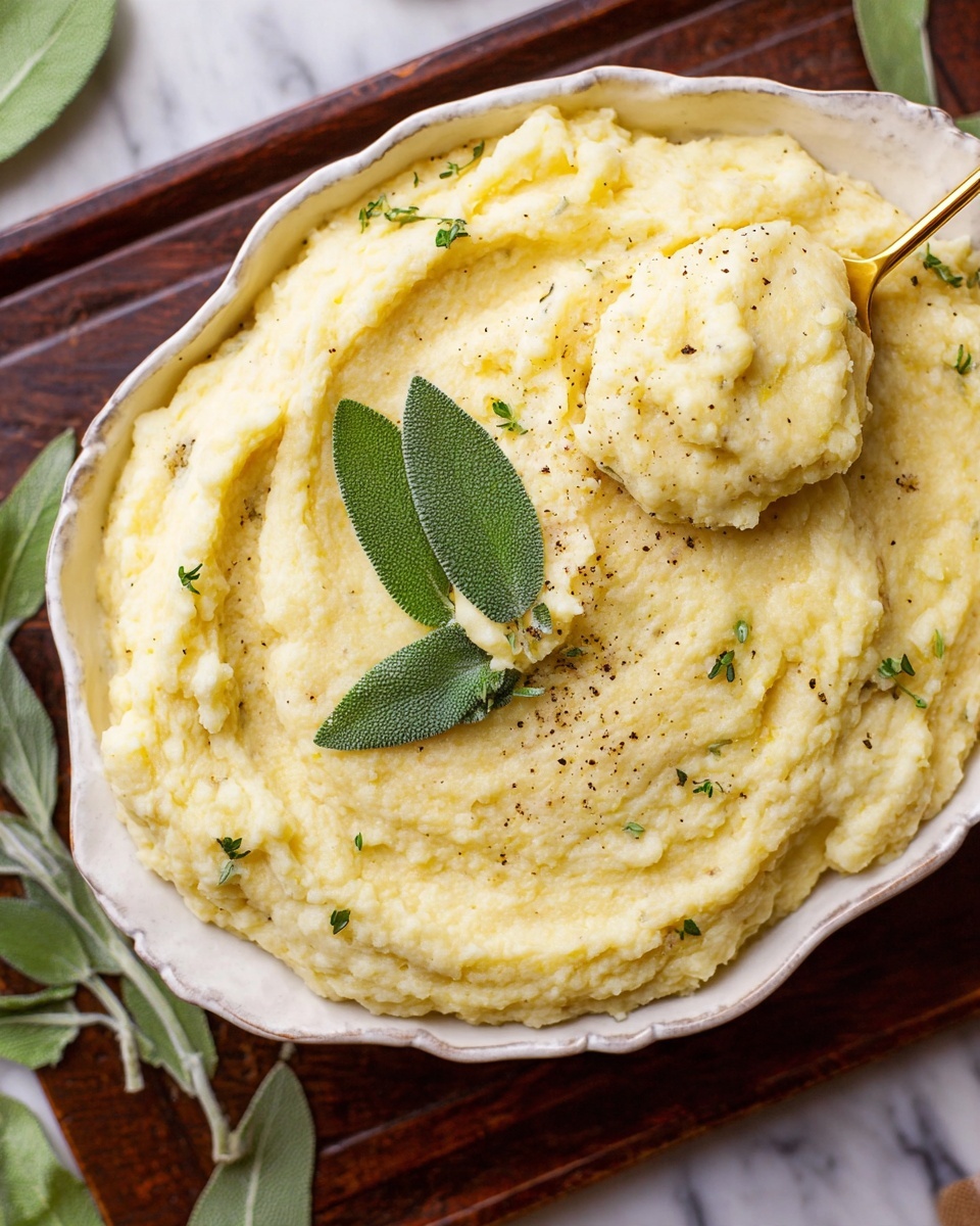 A close-up view of a single thick layer of creamy mashed potatoes with a pale yellow color and a slightly grainy texture, speckled with black pepper throughout, served in a white bowl shaped with soft curves and scalloped edges. Three fresh green herb leaves, including sage, are placed on top near the center as garnish. A gold spoon pulls up a rounded scoop from the right side, showing the smooth and soft texture of the mash. The bowl sits on a dark wooden board with a white marbled texture underneath and some green leaves partially visible nearby, photo taken with an iphone --ar 4:5 --v 7