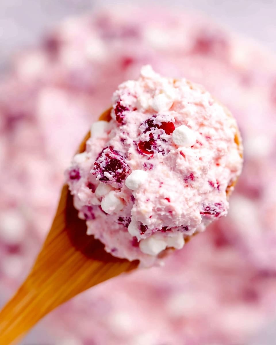 A close-up view of a creamy mixture held on a wooden spoon, showing a pale pink texture filled with small, deep red berry pieces and tiny white marshmallows spread evenly throughout. The wooden spoon is positioned above a white marbled surface, blurred in the background with the same pinkish creamy mixture, creating a soft and colorful backdrop. The whole image focuses on the mix's soft and slightly chunky consistency with visible colors and textures highlighted clearly, photo taken with an iphone --ar 4:5 --v 7