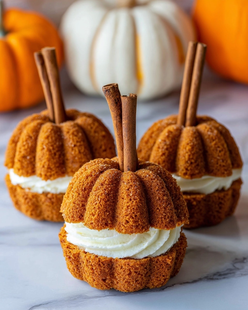The image shows three small pumpkin-shaped cakes, each made with an orange-brown cake layer shaped like a pumpkin, split in half horizontally. Between each cake layer, there is a thick white creamy filling, visible and smoothly spread. Each pumpkin cake is topped with two brown cinnamon sticks standing upright in the center, looking like pumpkin stems. The cakes are placed on a white marbled surface with blurred Halloween-themed pumpkins in white and orange colors in the background. The texture of the cake looks soft and moist, while the cream is smooth and fluffy. Photo taken with an iphone --ar 4:5 --v 7