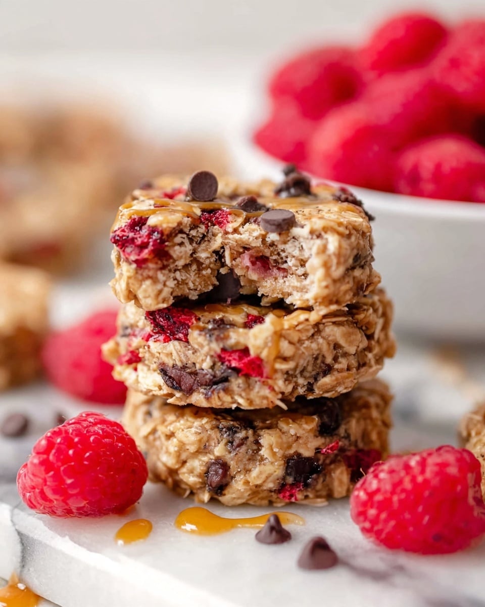 A stack of three round oatmeal bars with visible layers showing oats, small dark chocolate chips, and red dried fruit pieces, with the top bar having a bite taken out revealing a chewy, dense texture inside with mixed oats and fruit pieces. The bars are on a white marbled surface with a few loose chocolate chips and fresh, bright red raspberries placed around them, with a drizzle of caramel sauce partially visible under the stack. In the background, a white bowl filled with more raspberries is softly blurred. Photo taken with an iphone --ar 4:5 --v 7