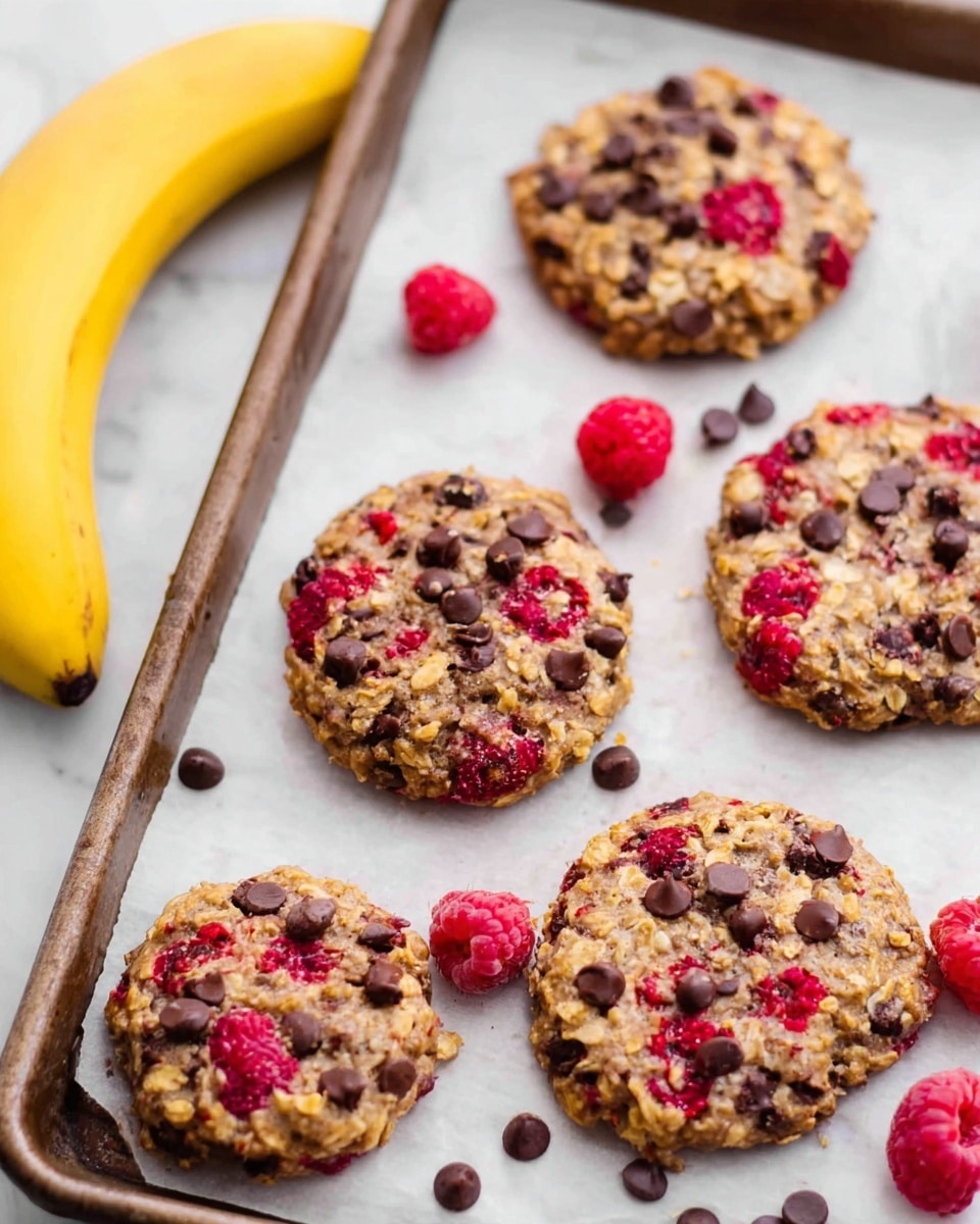 A baking tray holds five round oatmeal cookies with a rough texture, each cookie filled with dark brown chocolate chips and bright red raspberry pieces scattered unevenly across the surface. The cookies have a light golden-brown color with visible oats giving a crunchy look. Around the tray on a white marbled surface, there are a few fresh raspberries and chocolate chips scattered. A large yellow banana with smooth skin leans on the left side of the tray, adding a splash of color. The parchment paper under the cookies contrasts softly with the white tray. photo taken with an iphone --ar 4:5 --v 7