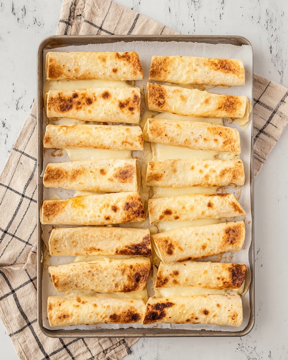 The image shows a baking tray filled with 14 rolled tortillas arranged in three uneven rows. Each tortilla is light golden-brown with some darker toasted spots, and the edges are slightly crispy and browned. Some creamy white sauce or melted cheese is oozing out from under a few tortillas, creating small patches on the white parchment paper lining the tray. The tray is placed on a white marbled surface with a beige and black checkered cloth partially visible underneath. The photo taken with an iphone --ar 4:5 --v 7
