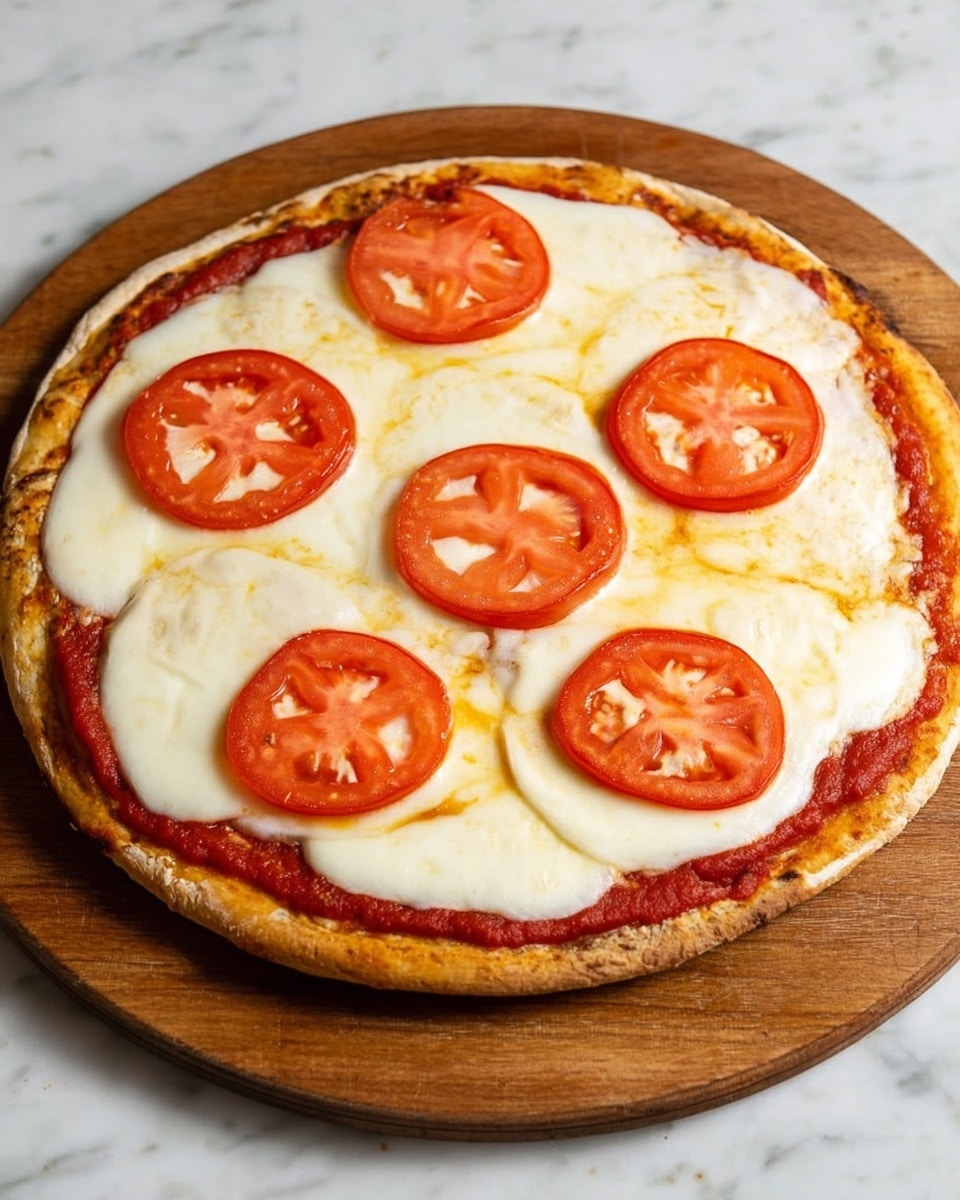 A round pizza with a golden brown crust sits on a wooden board over a white marbled surface. The pizza has three layers: a thin layer of bright red tomato sauce spread evenly on the crust, a thick layer of melted white mozzarella cheese that covers almost the entire top except the edges, and seven evenly spaced slices of fresh red tomato placed on top of the cheese. The cheese looks smooth and slightly shiny, while the tomato slices show their seeds and soft texture. photo taken with an iphone --ar 4:5 --v 7
