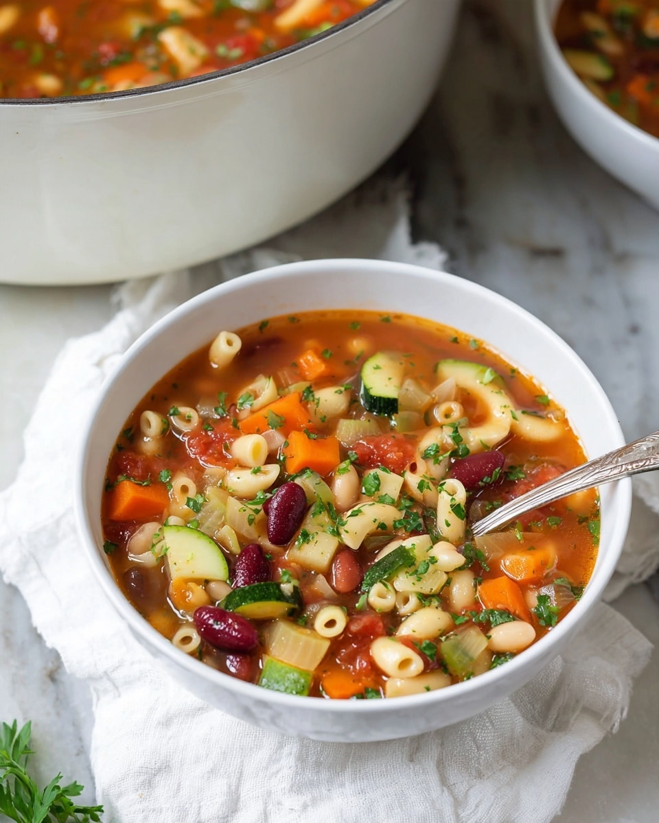 A white bowl filled with vegetable soup showing three main layers: the top layer features chopped green parsley sprinkled evenly, the middle layer shows mixed vegetables like orange carrots, green zucchini, red kidney beans, white beans, and elbow pasta noodles in a light reddish broth, and the bottom layer is the thick soup base with visible herbs and tomato pieces. A silver spoon rests inside the bowl on the right side, and the bowl sits on a white cloth, all placed on a white marbled surface. In the background, part of a large white pot filled with the same soup is visible. Photo taken with an iphone --ar 4:5 --v 7