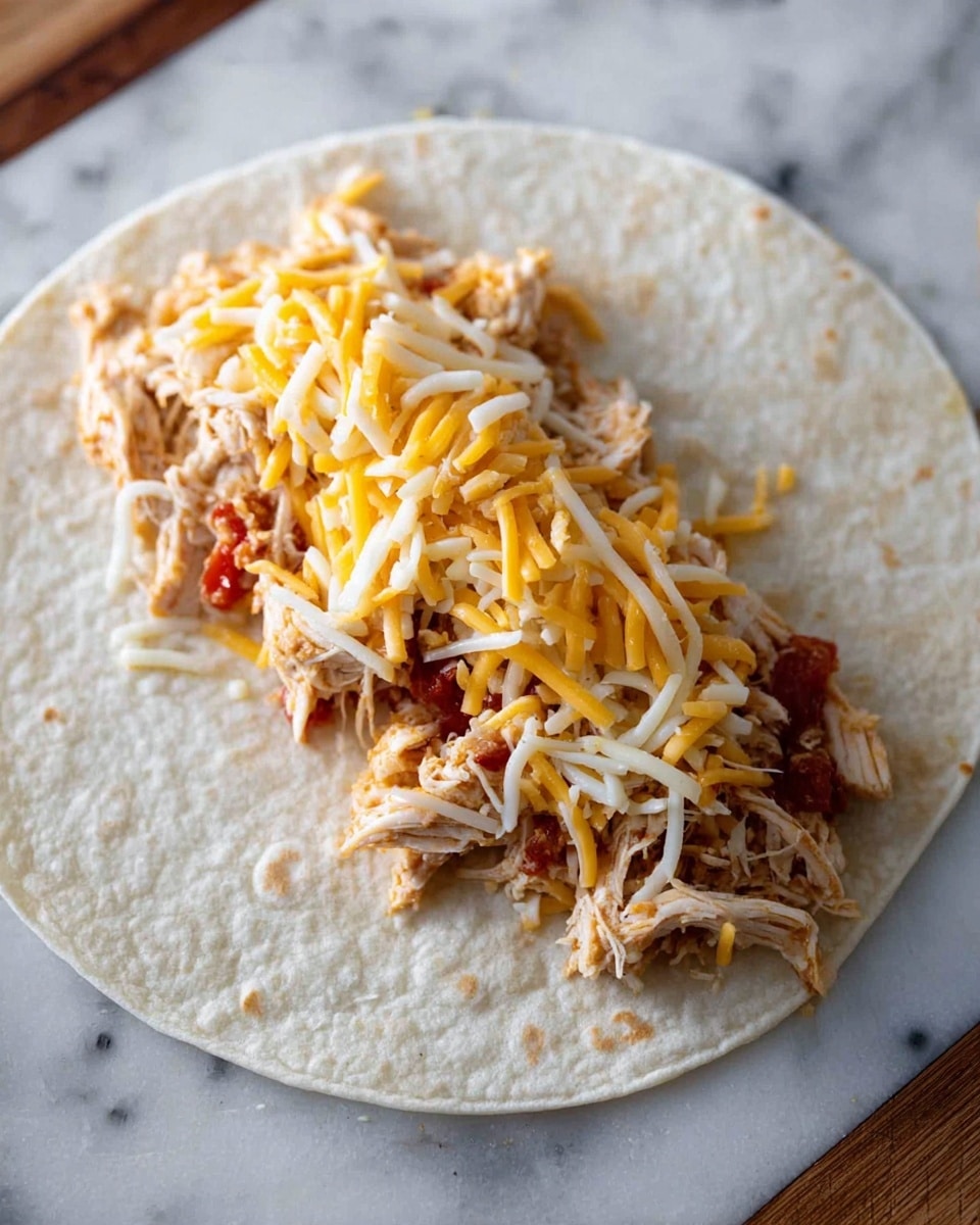A close-up view of a soft white tortilla laid flat on a white marbled surface with a wooden board partially visible. In the center of the tortilla, there is a layer of shredded cooked chicken mixed with small bits of red tomato, topped with a scattering of shredded yellow cheddar cheese and white mozzarella cheese. The filling forms a slightly uneven line down the middle of the tortilla, showing a mix of textures from the tender chicken and soft cheese strands photo taken with an iphone --ar 4:5 --v 7