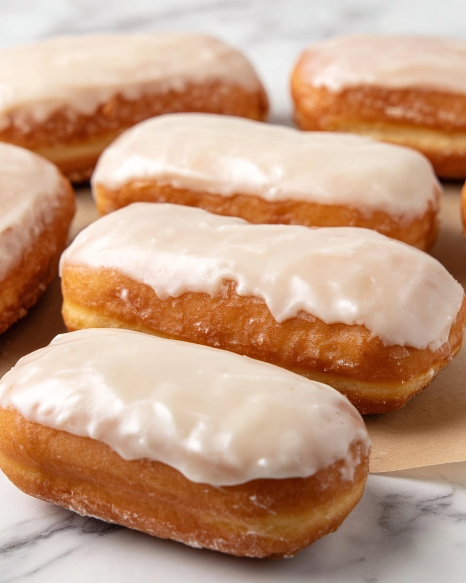 The image shows five rectangular doughnuts with a golden-brown fried dough base topped with a smooth off-white icing. Each doughnut has one thick layer of shiny, slightly creamy icing covering the top, with the sides showing the textured fried dough that is slightly rough and porous. The doughnuts are placed on a white marbled surface, closely arranged but not touching each other. The lighting highlights the soft texture of the icing and the fresh, slightly puffy dough below. photo taken with an iphone --ar 4:5 --v 7