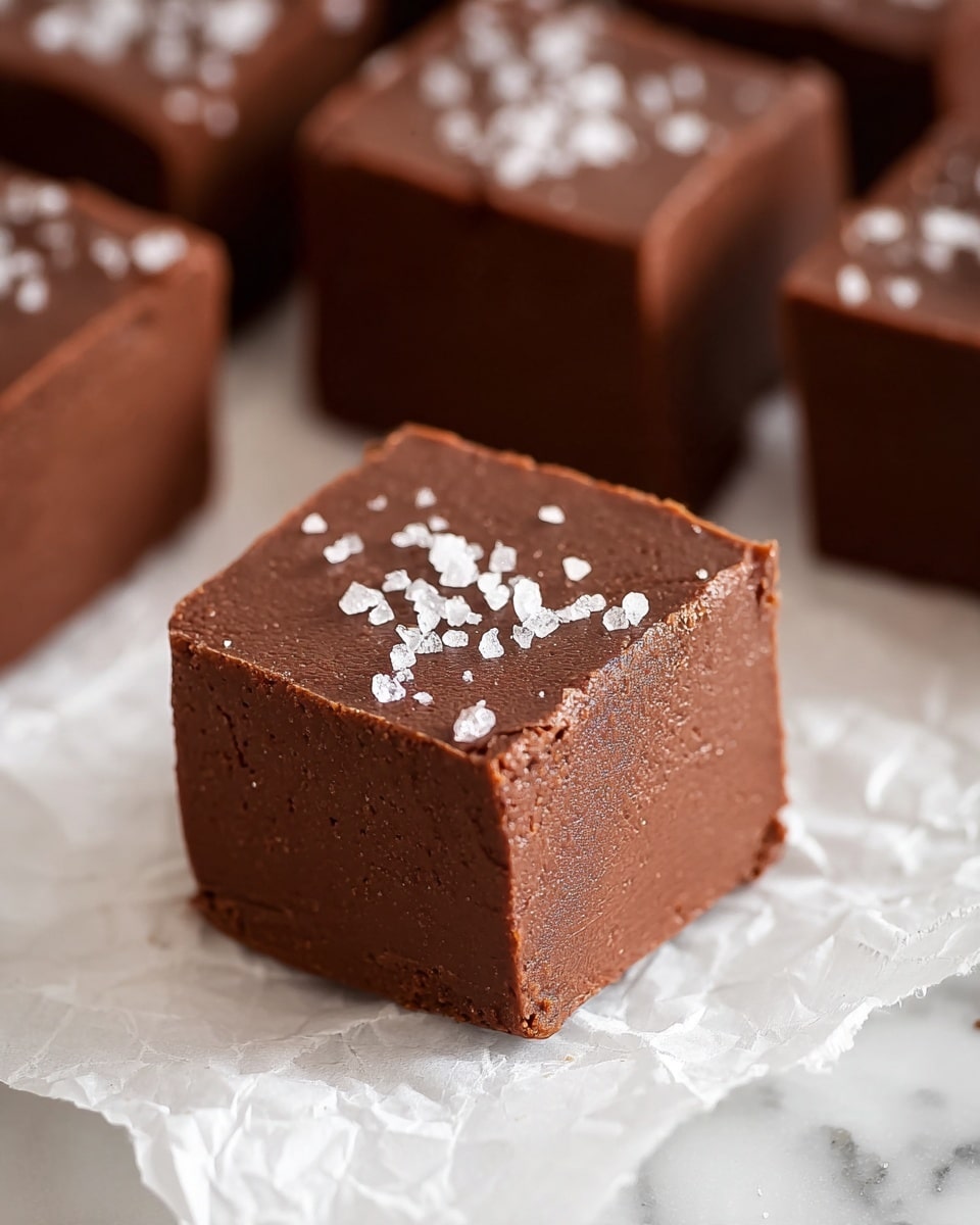 A close-up image of a single square piece of chocolate fudge with a smooth, rich dark brown texture topped with coarse white salt crystals, placed on a crumpled white parchment paper. In the background, there are multiple identical square pieces of chocolate fudge arranged closely together on a white marbled surface, showing the same dark brown color and smooth texture with some sprinkled salt on top. photo taken with an iphone --ar 4:5 --v 7