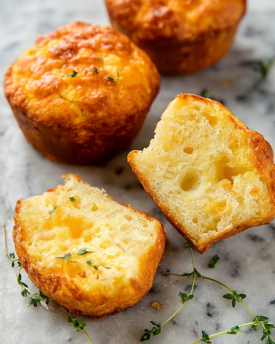 The image shows four golden brown cheese muffins with a slightly rough, crispy top layer. One muffin is whole, showing a smooth golden crust, and another is cut in half, displaying a soft, fluffy inside with a light yellow color and small air holes. The muffins sit directly on a white marbled background with small green herb sprigs scattered nearby, adding a touch of freshness. The surface texture contrasts between the crunchy outer layer and the tender, airy interior. photo taken with an iphone --ar 4:5 --v 7