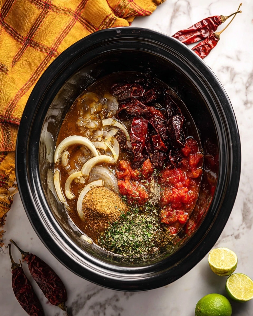 Inside a black slow cooker, there are several layers of ingredients: at the bottom, light brown raw onion rings; on top of that, dark red dried chilies; bright red chopped tomatoes scattered on one side; sprinkled green herbs covering one section; a small pile of light brown ground spice in the middle; all floating in a thin layer of brown broth. The slow cooker sits on a white marbled surface, with a mustard yellow and orange plaid cloth partly visible in the upper background, and some dried red chilies and sliced green limes placed near the bottom right corner photo taken with an iphone --ar 4:5 --v 7