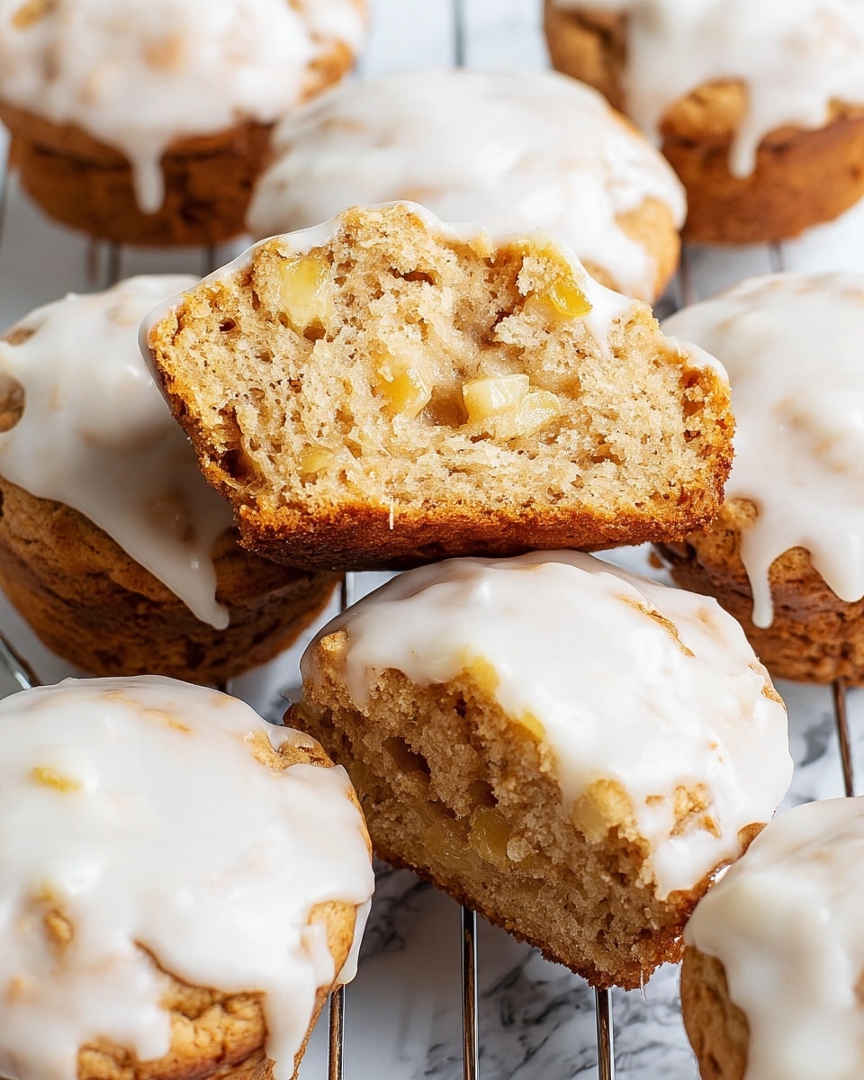 The image shows several muffins arranged on a metal cooling rack over a white marbled surface. Each muffin has a golden-brown baked base with visible soft texture and small chunks of light yellow fruit inside. The muffins are topped with a thick layer of glossy white icing that looks smooth and slightly dripping down the sides. One muffin is broken in half and placed on top of another, showing the airy and moist inside with pieces of fruit distributed throughout. Photo taken with an iphone --ar 4:5 --v 7