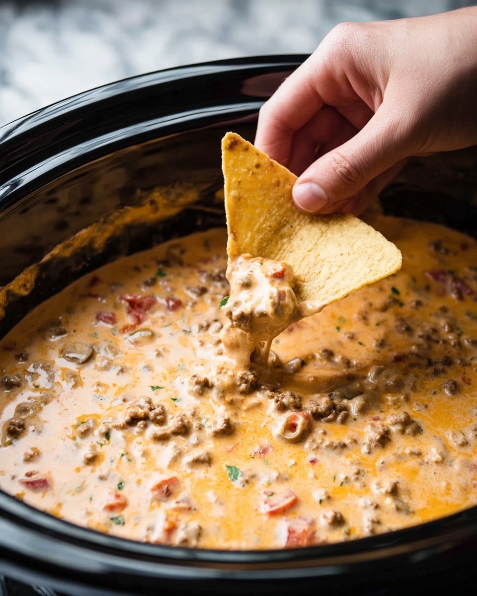 A close-up image of a black slow cooker filled with a creamy, light orange cheese dip mixed with small chunks of browned meat, green olives, and red diced tomatoes, creating a textured, rich surface. A woman's hand is dipping a triangular, golden-yellow tortilla chip lightly coated with the cheese dip, showing the sauce clinging to its surface. The background is a white marbled texture. Photo taken with an iphone --ar 4:5 --v 7