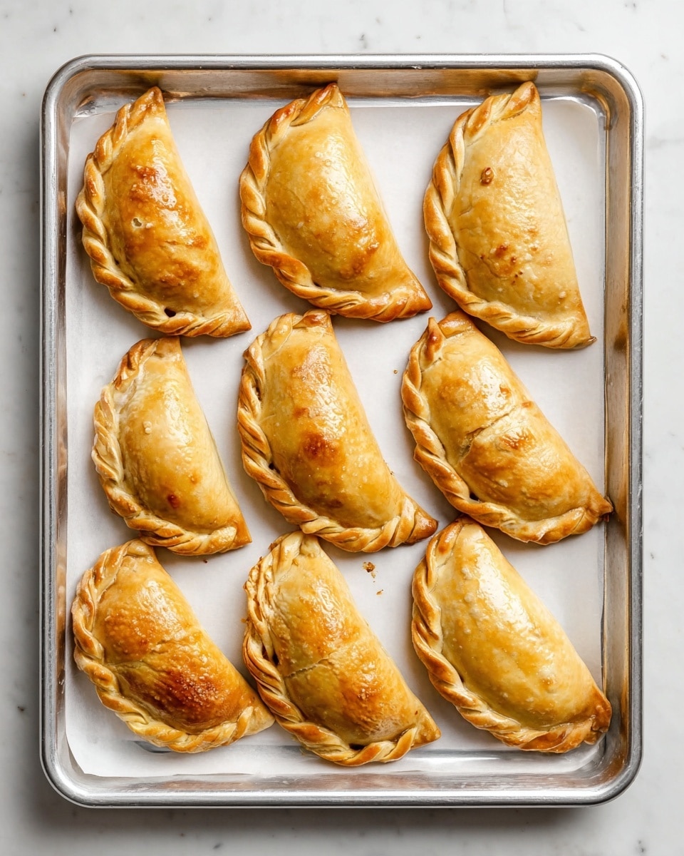 Ten golden brown empanadas are arranged in three rows on a silver baking tray lined with white parchment paper. Each empanada has a shiny, smooth crust with braided edges that show a twisted pattern of dough. The top layer is a warm, golden color with slight variations from light to deeper shades of brown. The tray sits on a white marbled surface, giving a clean and bright look to the whole scene. photo taken with an iphone --ar 4:5 --v 7