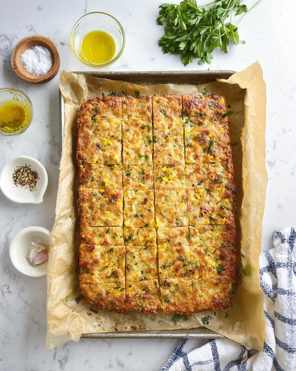 A rectangular baked dish with a golden-brown, slightly crispy top layer sits on parchment paper on a baking tray. The dish is divided into smaller square sections by faint lines, showing a textured surface with specks of green herbs and yellow bits scattered throughout. The edges are slightly darker, indicating well-cooked sides, and a shiny oil sheen covers the surface. Around the tray, there are small glass bowls containing salt, garlic cloves, a yellow spice, and olive oil. A white and blue checkered cloth with a bunch of coriander is placed on the right side, all set on a white marbled surface. photo taken with an iphone --ar 4:5 --v 7