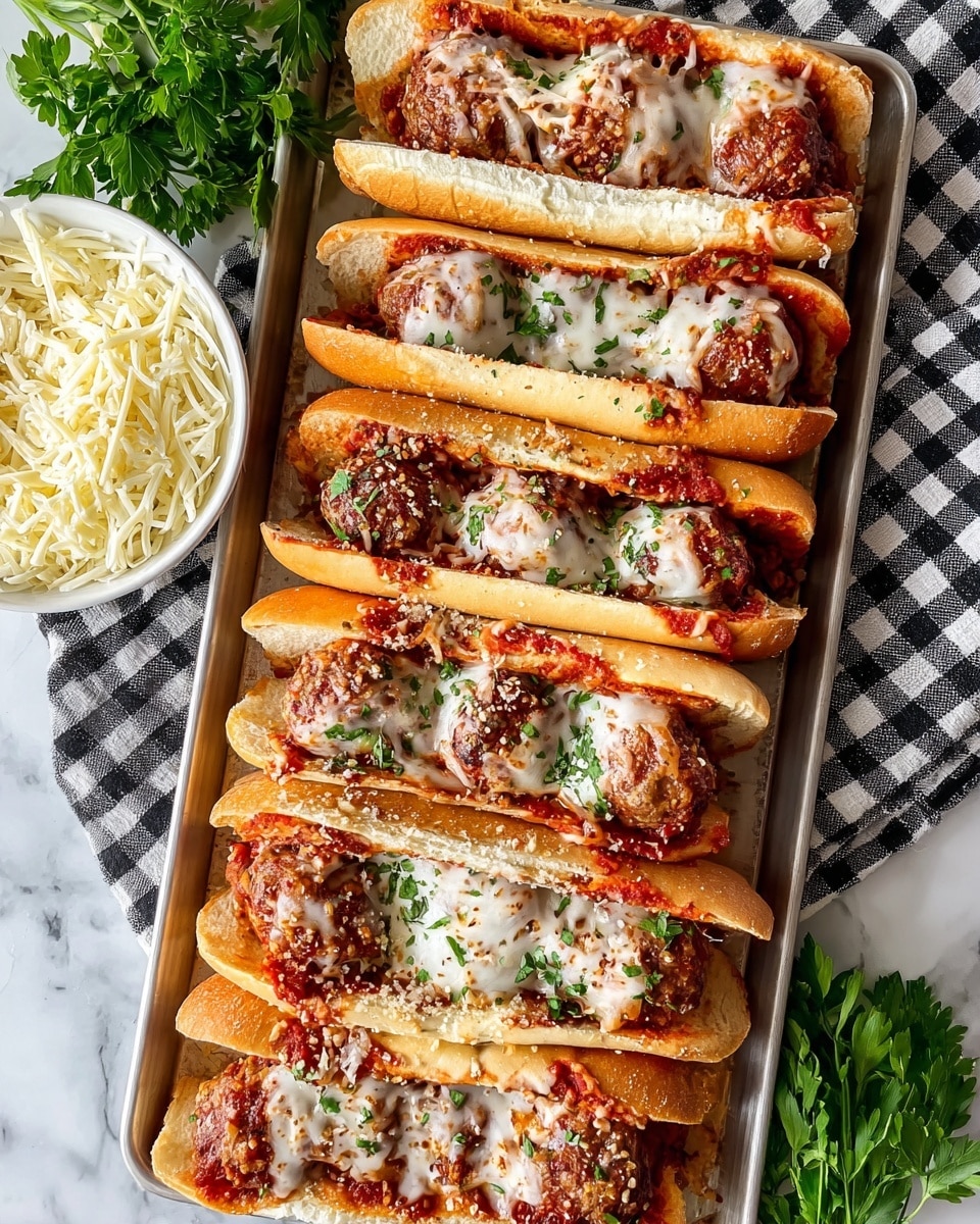The image shows three meatball sandwiches in white hoagie buns, placed side by side on a baking tray. Each sandwich has three to four round meatballs covered with a rich red tomato sauce as the first layer, followed by a top layer of melted mozzarella cheese that is creamy white with some golden-brown spots. Small green parsley leaves are scattered on and around the sandwiches adding a fresh touch. The bread looks toasted with a warm golden brown color and a soft, slightly textured inside. In the background, there is a bunch of parsley and a white and dark checkered cloth on a white marbled surface. photo taken with an iphone --ar 4:5 --v 7