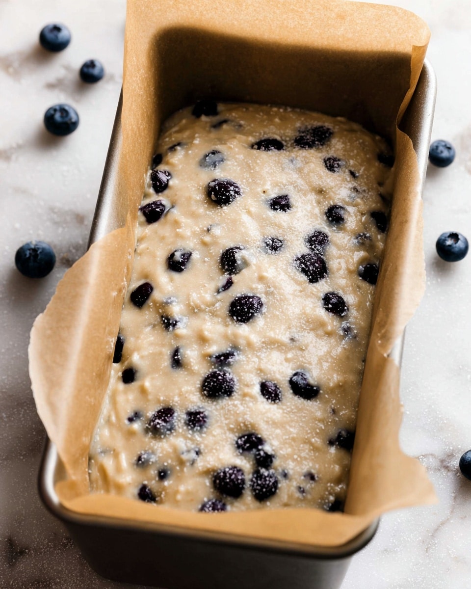 A close-up of a loaf pan lined with brown parchment paper filled with a thick, light beige batter that is studded with whole dark blueberries evenly spread throughout. The batter surface is slightly rough and sprinkled with a light layer of granulated sugar, giving a subtle sparkle. The pan sits on a white marbled surface with a few loose blueberries scattered around. Photo taken with an iphone --ar 4:5 --v 7