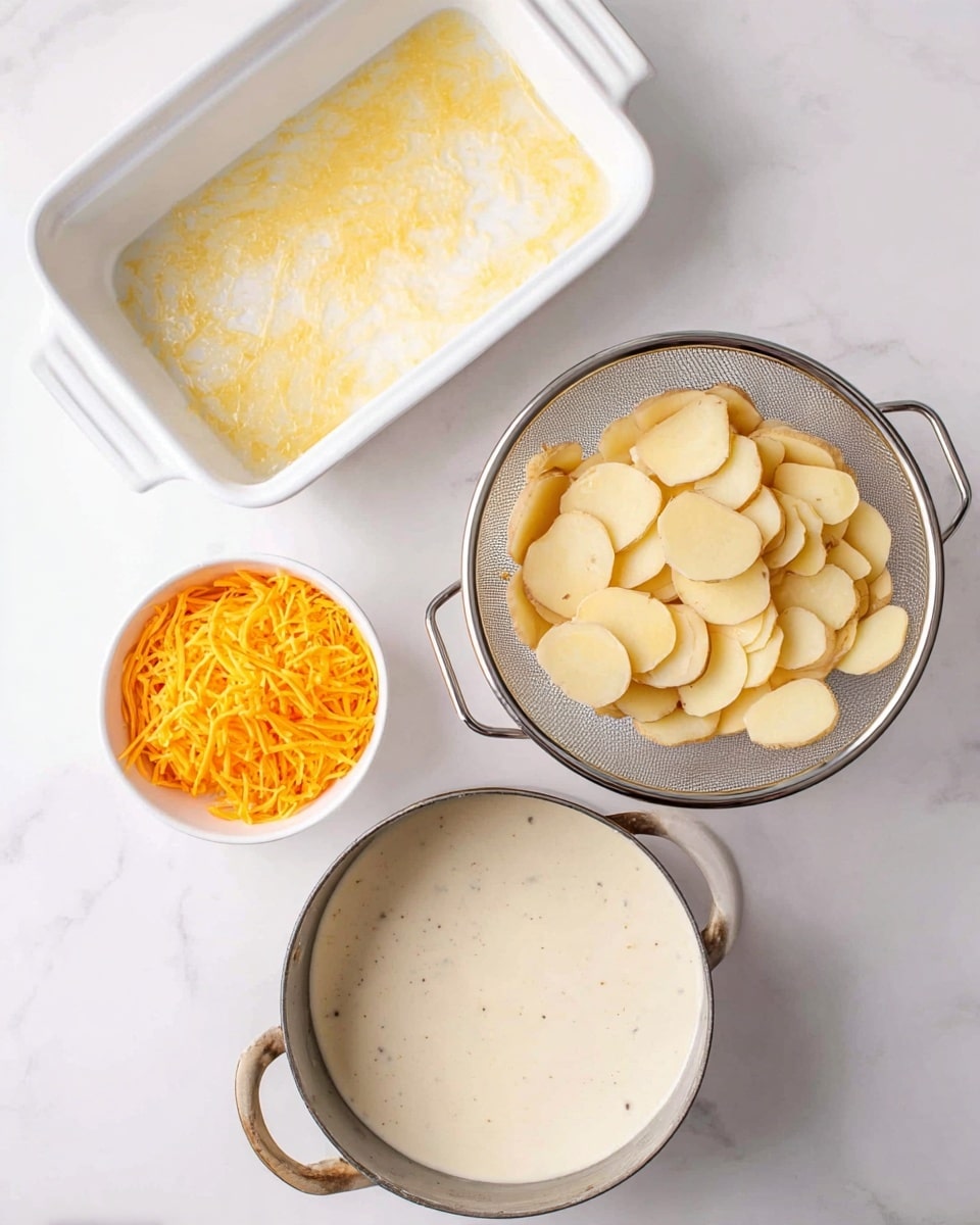 The image shows a white baking dish with melted butter or sauce spread inside on the top left, a metal colander filled with peeled, sliced potato rounds on the top right, a small white bowl filled with bright orange shredded cheese on the bottom left, and a saucepan containing a creamy white sauce with visible specks on the bottom right. All items are placed on a white marbled surface. photo taken with an iphone --ar 4:5 --v 7