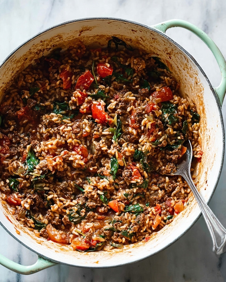 A white pot with light green handles holds a cooked dish made of three main layers: the first layer is small, light brown, rice-shaped grains that are soft and mixed throughout; the second layer is dark brown cooked ground meat, spread evenly; the third layer includes small red tomato pieces and dark green leafy vegetables, all mixed together in a saucy texture. A silver spoon is partially submerged in the pot on the right side. The pot sits on a white marbled surface. photo taken with an iphone --ar 4:5 --v 7
