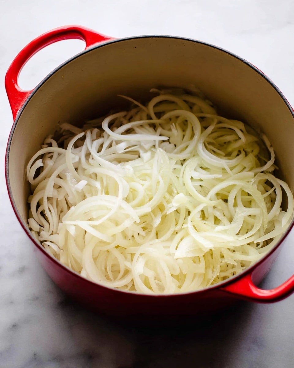 A red pot with a beige inside shows two layers of thinly sliced ingredients: the bottom layer is made of light yellow onion rings, and the top layer is made of white noodles with a smooth texture, resting loosely. The red pot is placed on a white marbled surface. photo taken with an iphone --ar 4:5 --v 7