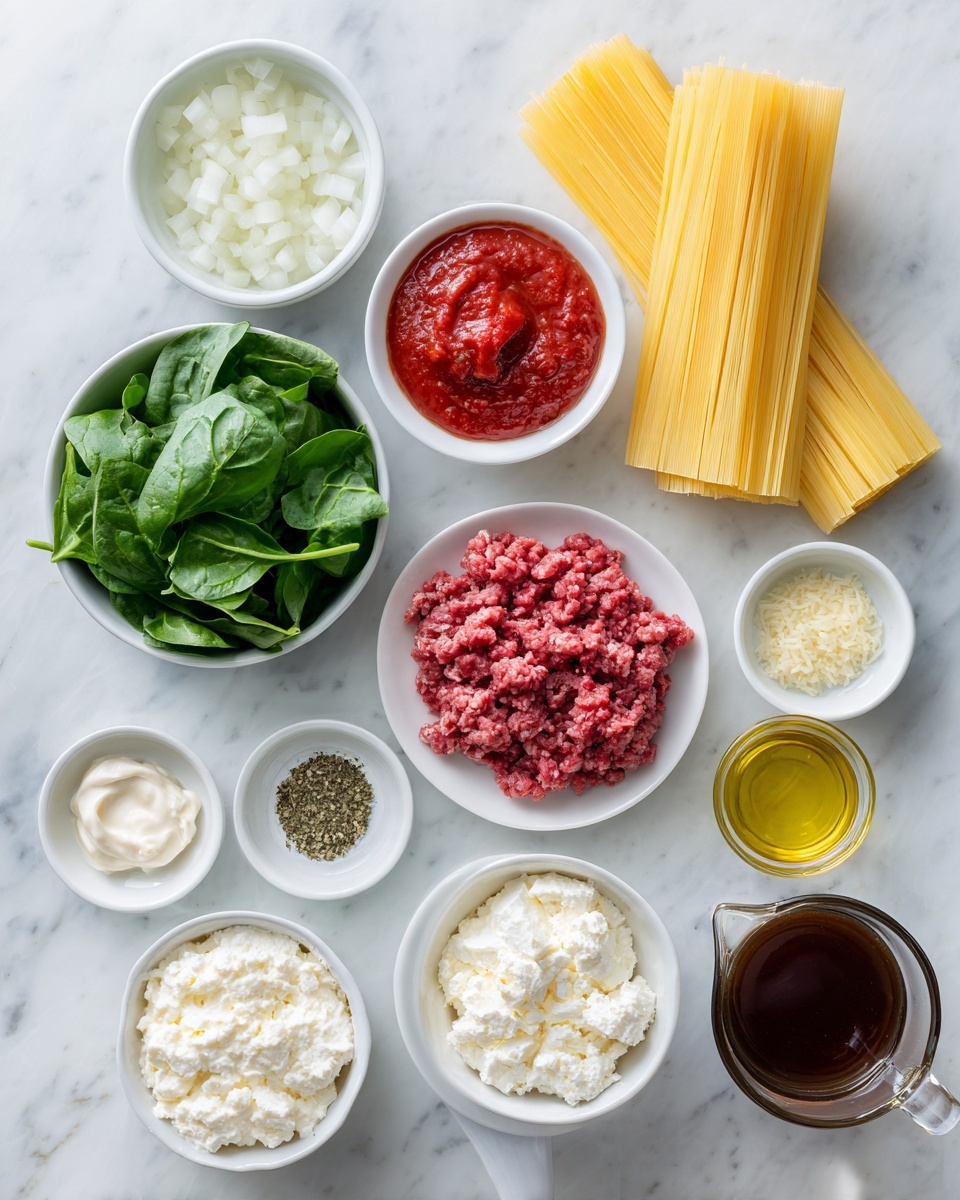 A top-down view of various ingredients arranged on a white marbled surface, including a small white bowl of chopped white onion, a white bowl filled with bright red tomato paste, a white bowl of fresh green baby spinach leaves, a white plate with dry yellow lasagna noodles fanned out, a white bowl of raw, red ground beef, a white plate divided with green Italian seasoning, white salt, and black pepper, a small white bowl of finely chopped light yellow garlic, a white bowl of creamy white cottage cheese, a white bowl filled with light tan grated Parmesan cheese, a white bowl of thick red marinara sauce with a textured surface, a glass container of golden yellow olive oil, and a clear measuring cup holding dark brown beef broth, all spaced evenly. photo taken with an iphone --ar 4:5 --v 7