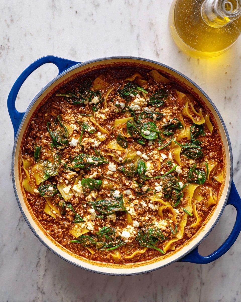 A large white pot with blue handles holds a thick, rich stew with several layers visible. The base layer is a dense, reddish-brown sauce mixed with chunks of bright yellow pasta pieces and small bits of ground meat. Scattered throughout the stew are fresh dark green spinach leaves, some partially submerged. Tiny white curd-like cheese pieces are spread across the surface unevenly, adding texture. The pot rests on a white marbled surface, and a clear glass bottle filled with a golden-yellow liquid is placed nearby. Photo taken with an iphone --ar 4:5 --v 7