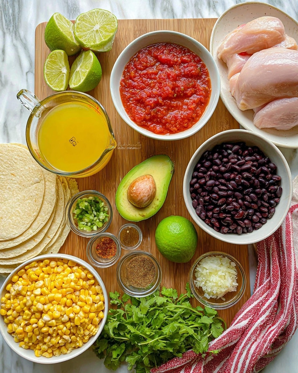 A wooden board on a white marbled surface holds many ingredients arranged neatly: at the top center is a white bowl filled with bright red chunky tomato sauce, next to it on the right is a clear bowl full of dark black beans, and beside that a glass measuring cup with yellow broth. Below the tomato sauce lies two green lime halves, and next to them is a halved avocado showing its smooth green inside and large seed. Near the bottom center on the board are three small clear bowls containing diced green chilies, minced garlic, and mixed spices in brown and red shades. On the right side of the board is a bunch of fresh green cilantro. To the bottom left of the board is a clear bowl filled with yellow corn kernels. Surrounding the board are white plates with light yellow corn tortillas stacked, and raw pale pink chicken on another plate. A cream-colored onion is on the surface near the bottom left, and behind the board is a red and cream striped cloth. The colors are fresh and natural, highlighting the raw and simple ingredients ready for cooking photo taken with an iphone --ar 4:5 --v 7