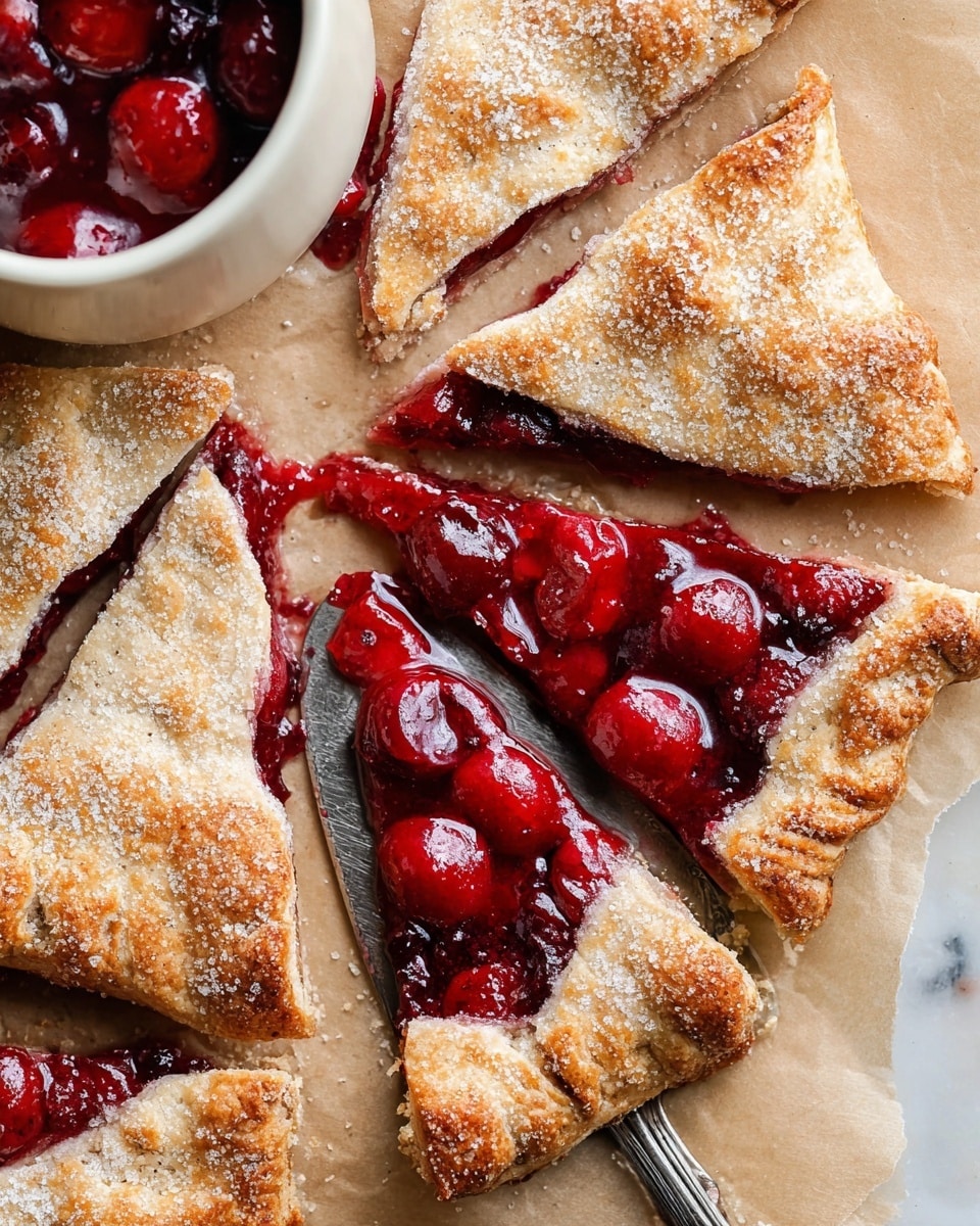 The image shows a close-up of a cherry pie cut into triangle slices on light brown paper. Each slice has two layers: the top layer is a golden brown crust with a rough sugar coating, and the bottom layer is a shiny, deep red cherry filling with whole cherries visible inside. One slice is held by a silver pie server underneath. In the top left corner, there is a white cup with more cherry filling visible inside. The background surface is a white marbled texture. photo taken with an iphone --ar 4:5 --v 7