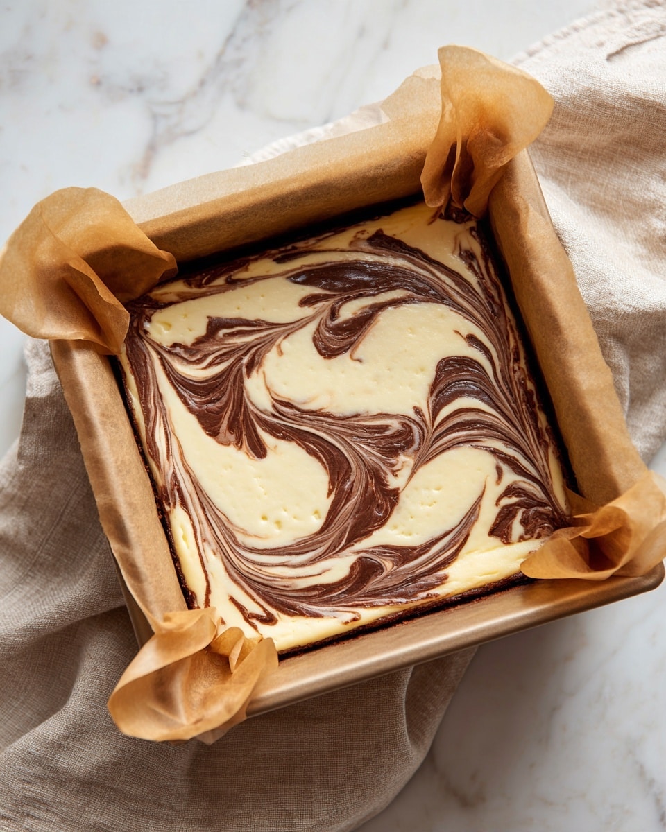 A square baking pan lined with light brown parchment paper holds a smooth, creamy cheesecake mixture with dark brown swirls creating a marbled pattern across the surface, showing a mix of light beige and rich chocolate colors. The edges of the parchment paper rise above the mixture, and the pan rests on a soft beige cloth on a white marbled surface. Photo taken with an iphone --ar 4:5 --v 7
