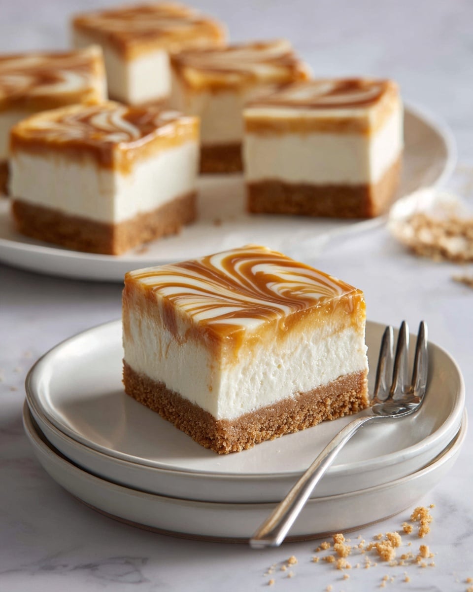 A square dessert bar with three distinct layers is shown on two stacked white plates; the bottom layer is a light brown crust, the middle layer is a thick white cream cheese filling, and the top layer is a smooth caramel-colored swirl pattern mixed into the cream cheese. A silver fork rests beside the bar on the plate. In the background, more pieces of the same dessert with the same layers are placed on a white plate, all set on a white marbled surface, with some small crumbs around. photo taken with an iphone --ar 4:5 --v 7