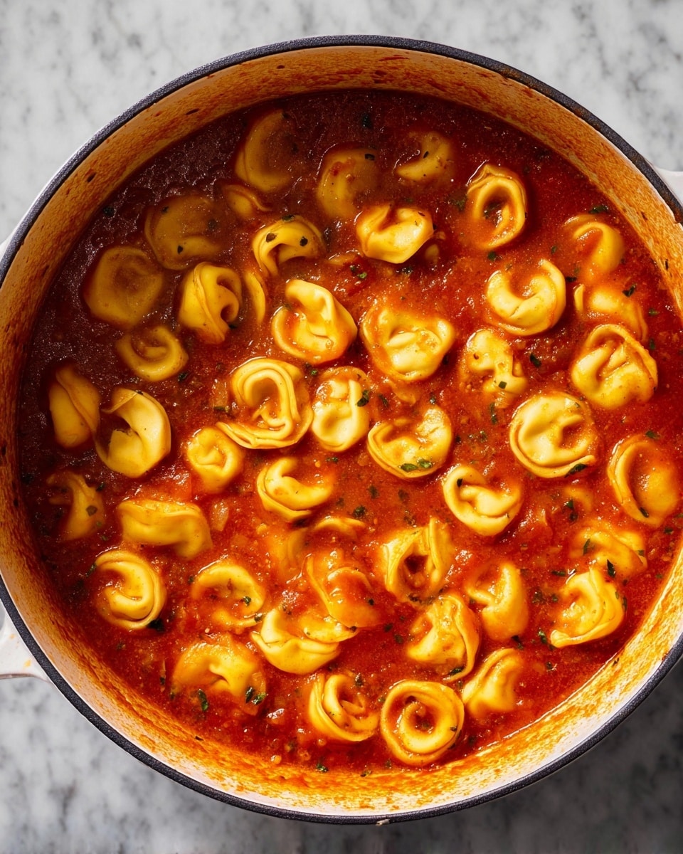 The image shows a large white pot filled with many small round tortellini pasta floating in a thick, rich red tomato-based broth with visible herbs and small pieces of vegetables. The tortellini are evenly spread throughout the pot, slightly puffed and soft, coated with the shiny sauce. The pot is placed on a white marbled surface, with some sauce splashes along the inner edge of the pot. The colors are warm and inviting, mainly red and pale yellow from the pasta, with a textured, slightly bubbly broth surface. photo taken with an iphone --ar 4:5 --v 7