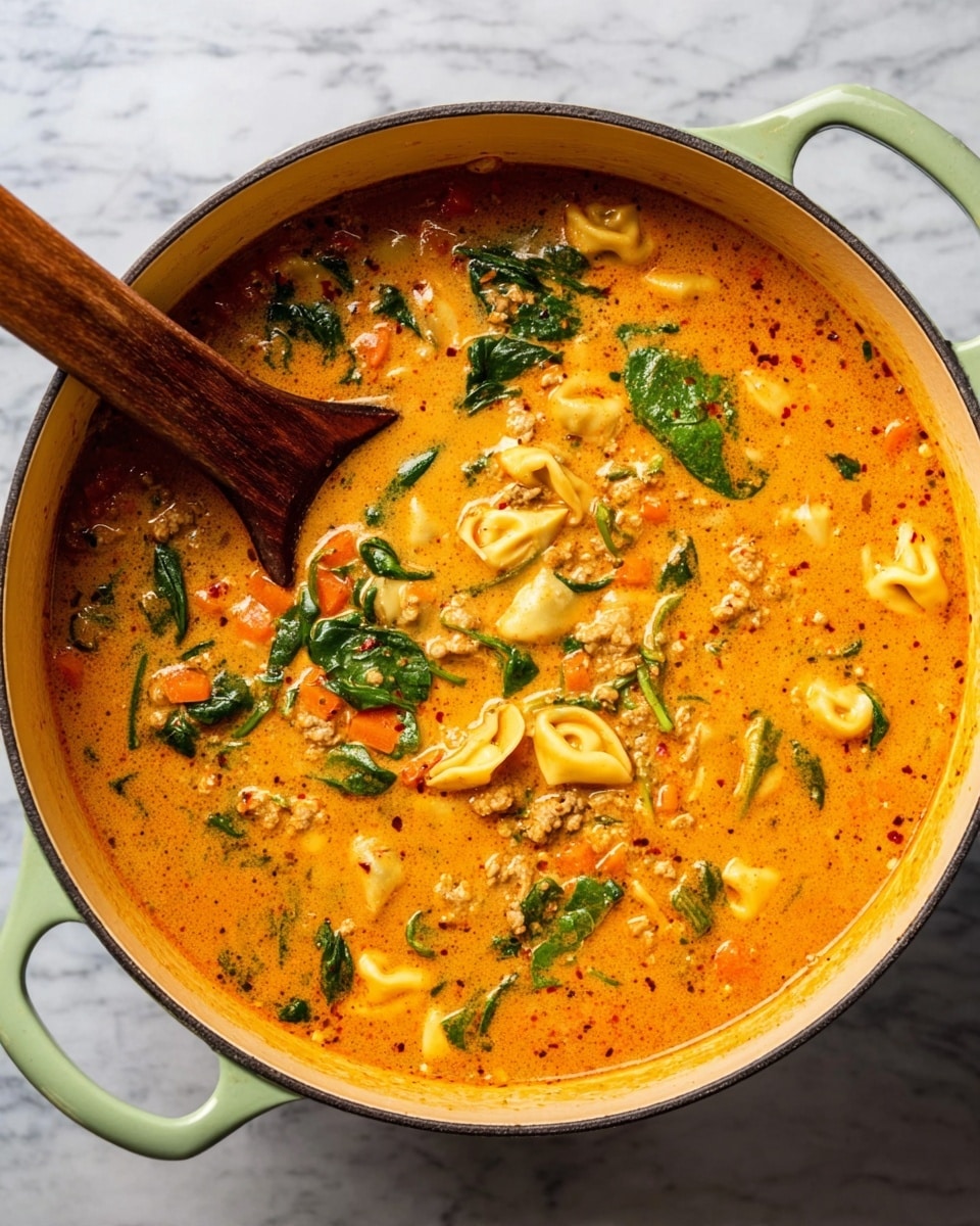 A large light green pot filled with a thick orange soup as the base layer, mixed with pieces of green spinach leaves, small orange carrot cubes, small bits of light brown ground meat, and folded pale yellow tortellini pasta, with specks of red spices dotted throughout. A dark wooden spatula is partially submerged in the soup on the left side. The pot is on a white marbled surface. photo taken with an iphone --ar 4:5 --v 7