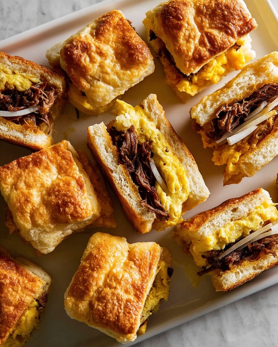 Several small sandwiches are arranged on a glossy white plate with a white marbled texture background. Each sandwich has two golden-brown toasted biscuit layers that are thick and flaky with a rough surface. Inside, there is a layer of scrambled eggs with a soft, yellow, slightly lumpy texture, next to shredded dark brown meat that looks tender and moist, followed by thin, white onion slices placed vertically. The sandwiches vary in shape, some rectangular and others more square, all cut into smaller portions. The lighting highlights the crunchy texture of the biscuit tops and the soft insides, giving a warm and inviting look. Photo taken with an iphone --ar 4:5 --v 7