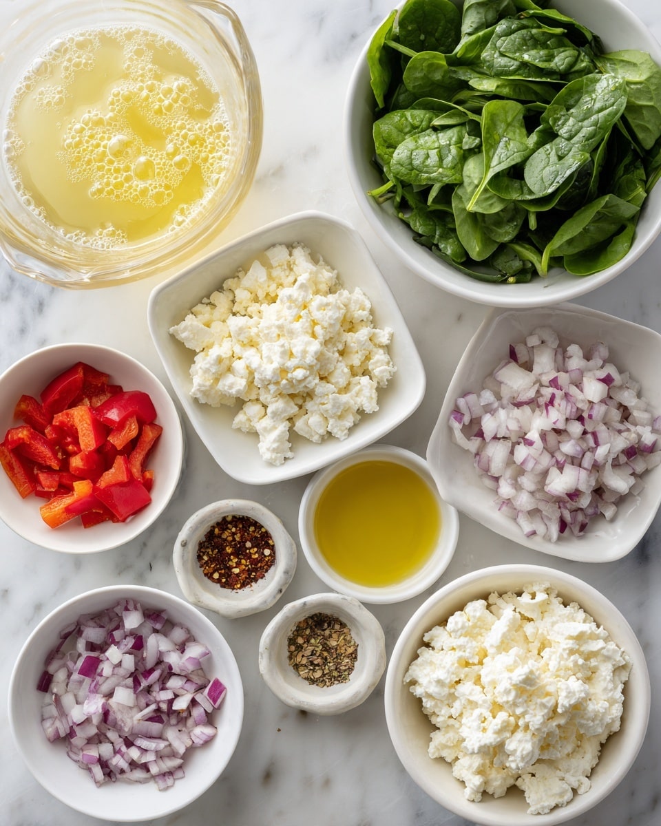 A top view of various ingredients in small white bowls set on a white marbled surface. In the top left, a clear glass measuring cup holds pale yellow egg whites with bubbles on top. Next, a white bowl filled with bright green baby spinach leaves sits to the right. Below the spinach, a white bowl contains crumbly white feta cheese. To the right of the feta, a square white bowl is filled with finely chopped red onion showing white and purple layers. Near the bottom left, a small white bowl holds bright red diced bell pepper pieces. Above it, a small white dish contains light golden olive oil. Next to the olive oil, a round white bowl holds a mix of spices including red pepper flakes, garlic powder, Italian seasoning, onion powder, and salt and pepper, all arranged in small sections. At the bottom right, a white bowl holds creamy white cottage cheese with a textured surface. The setup is bright and clean on the white marbled surface. photo taken with an iphone --ar 4:5 --v 7