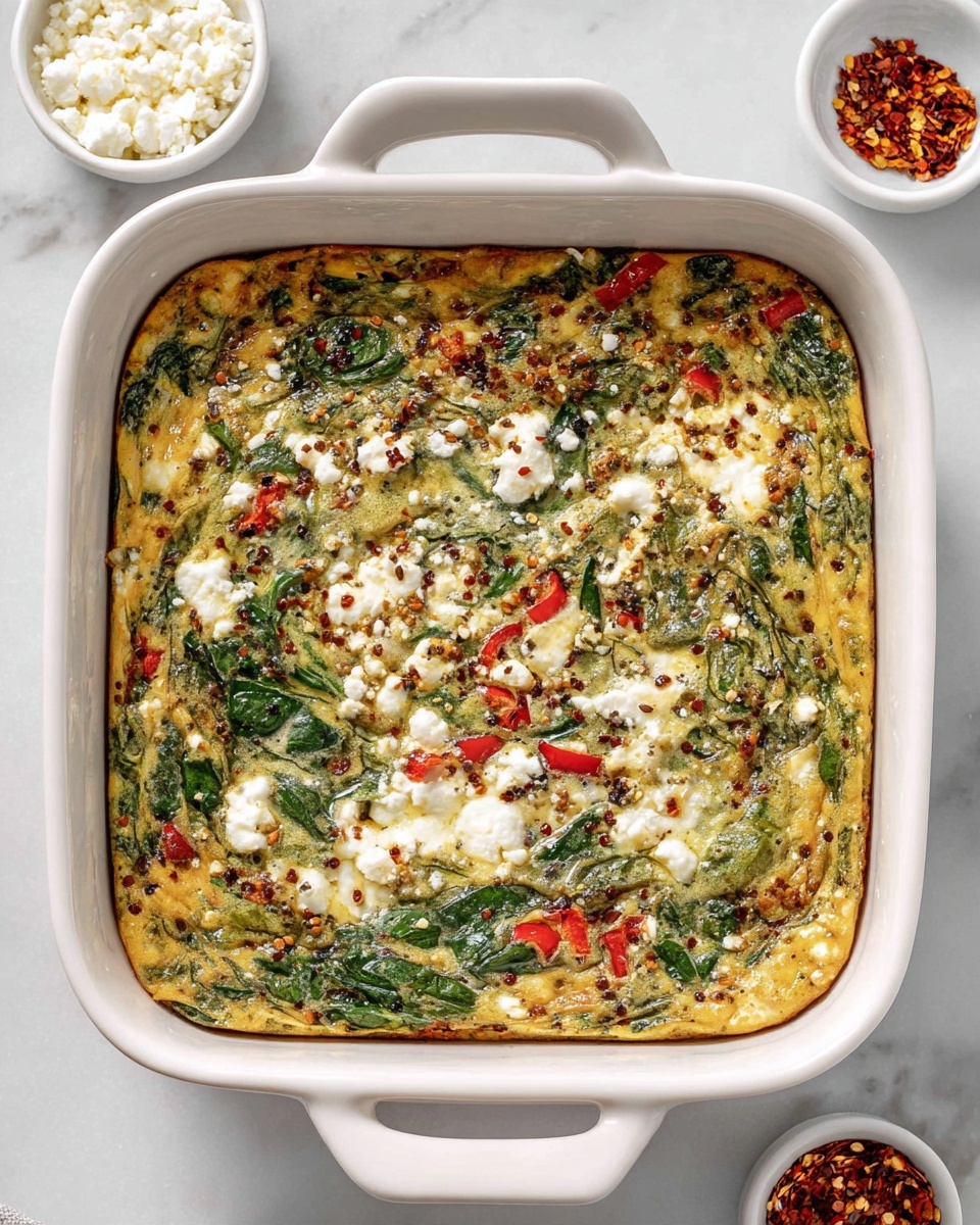 A baked egg dish in a white square ceramic dish with handles, filled with a mix of ingredients including green spinach leaves, red bell pepper pieces, and white cheese spread unevenly throughout. The top layer shows specks of spices and herbs in brown and black, giving a textured look. Around the baking dish is a white marbled surface with a small white round bowl of crumbled white cheese at the top left and another small white round bowl with red chili flakes at the bottom right. The dish looks fresh and colorful with the green, red, and white contrasting well, photo taken with an iphone --ar 4:5 --v 7
