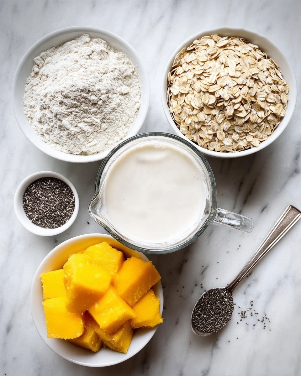 The image shows five containers with different ingredients on a white marbled surface. There is a glass jug in the center filled with a creamy white liquid. To the left of the jug is a white bowl with white flour, and below it is another white bowl filled with light beige rolled oats. To the right of the jug, a white bowl holds bright yellow frozen mango pieces. Below the jug, there is a silver spoon with black chia seeds, some seeds spilled around it on the surface. photo taken with an iphone --ar 4:5 --v 7